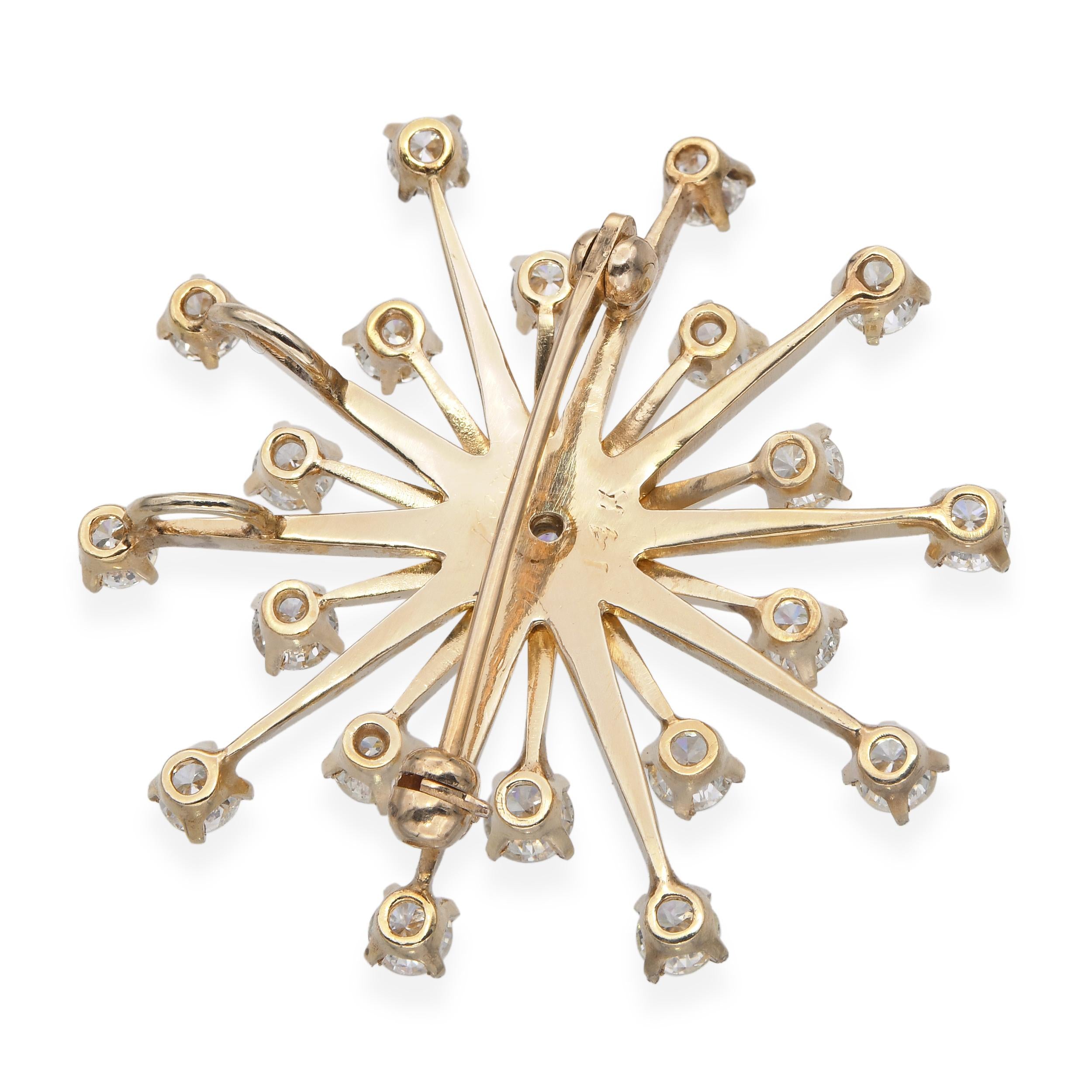Vintage 14k Yellow Gold 2.37tcw Diamond Starburst Brooch