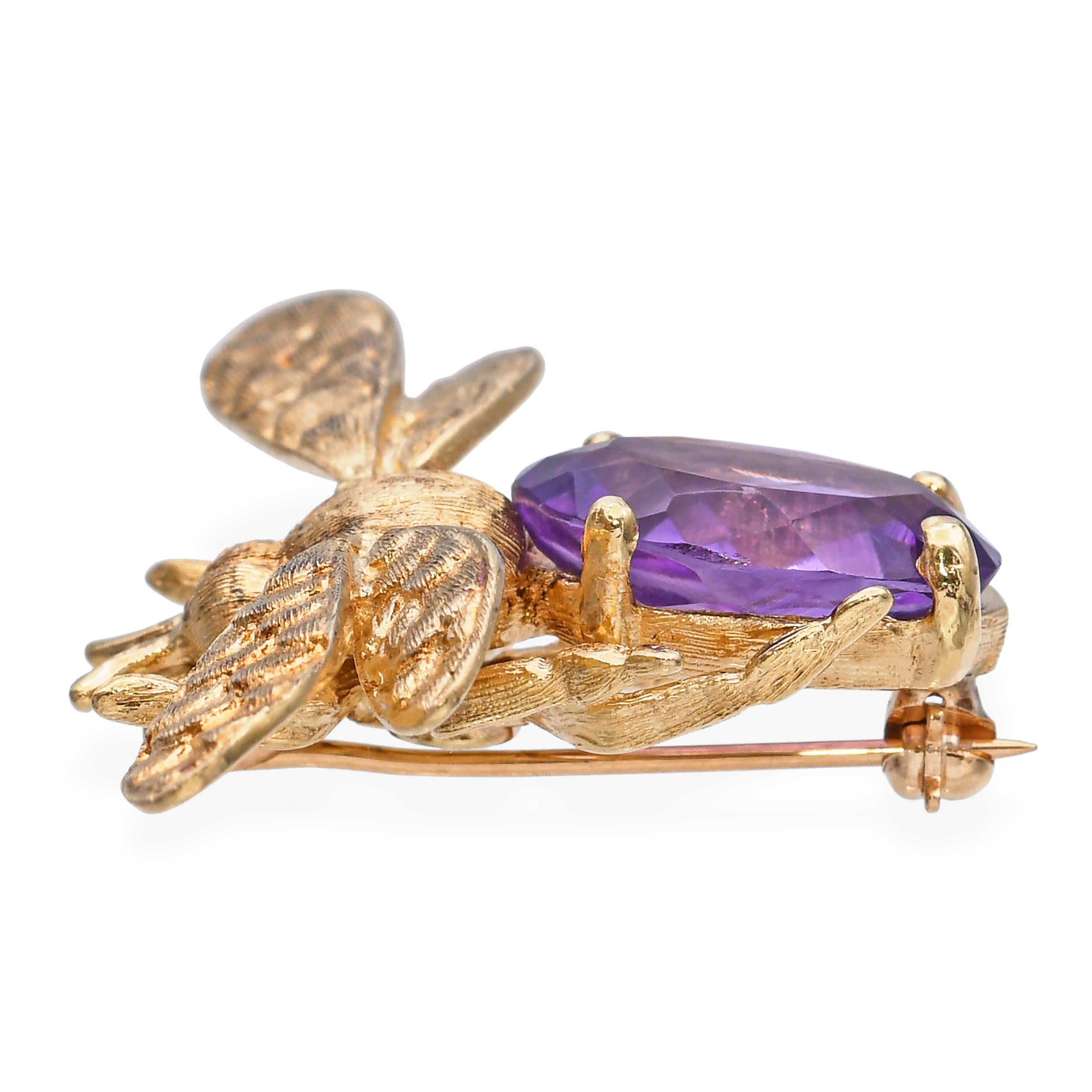 Vintage 14k Yellow Gold Amethyst Bumblebee Brooch