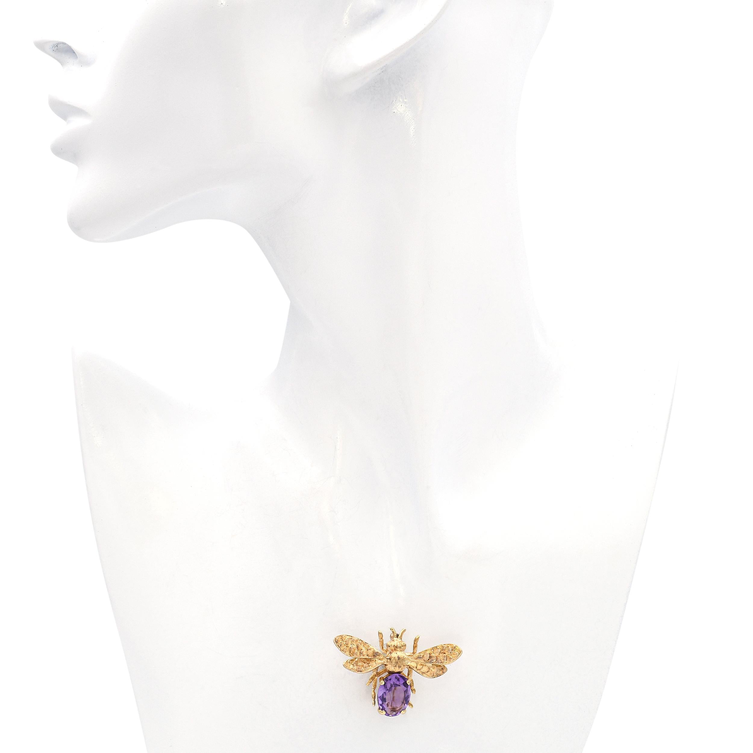 Vintage 14k Yellow Gold Amethyst Bumblebee Brooch