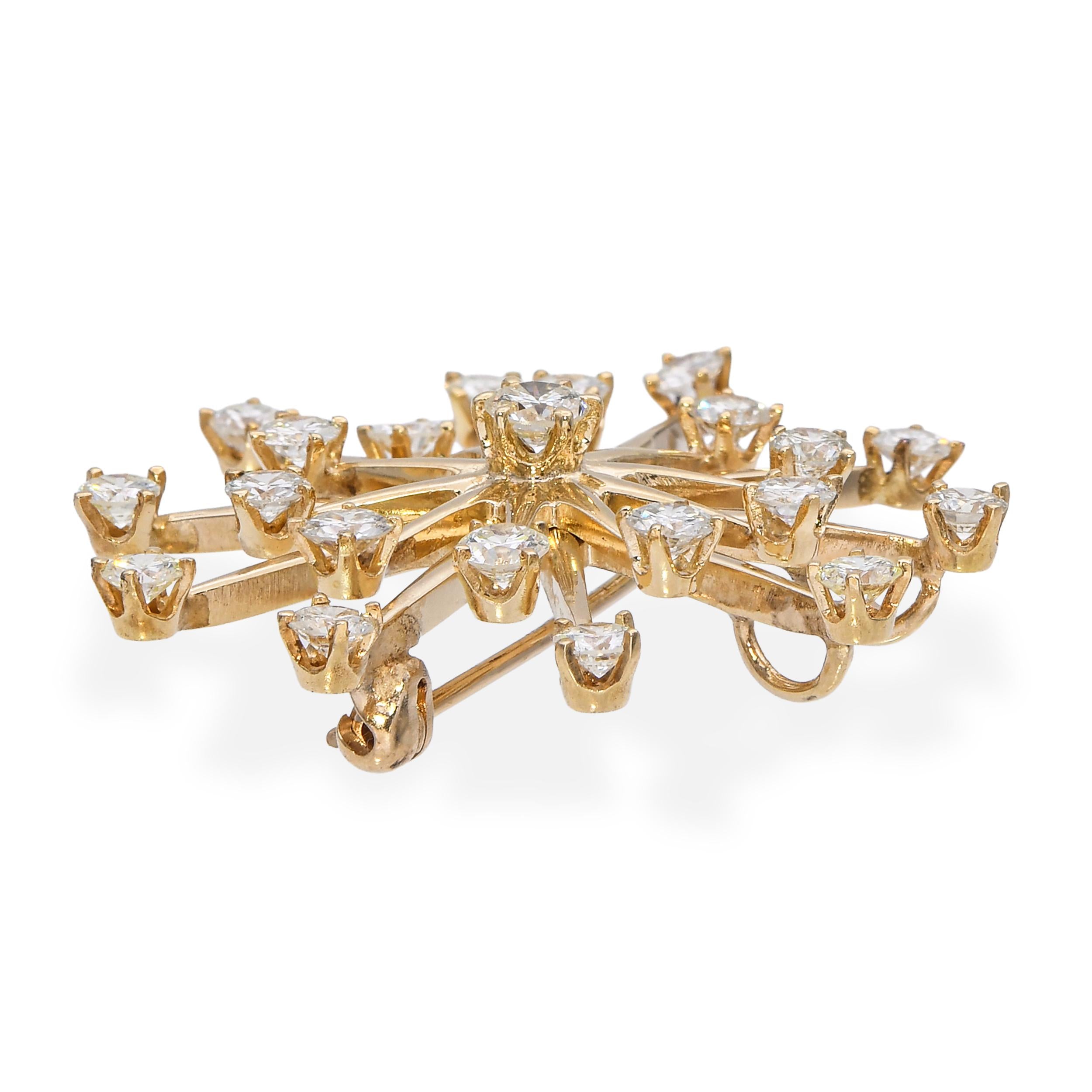 Vintage 14k Yellow Gold 2.37tcw Diamond Starburst Brooch