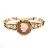 Antique 14k Yellow Gold Hardstone Cameo and Pearl Hinged Cuff Bracelet