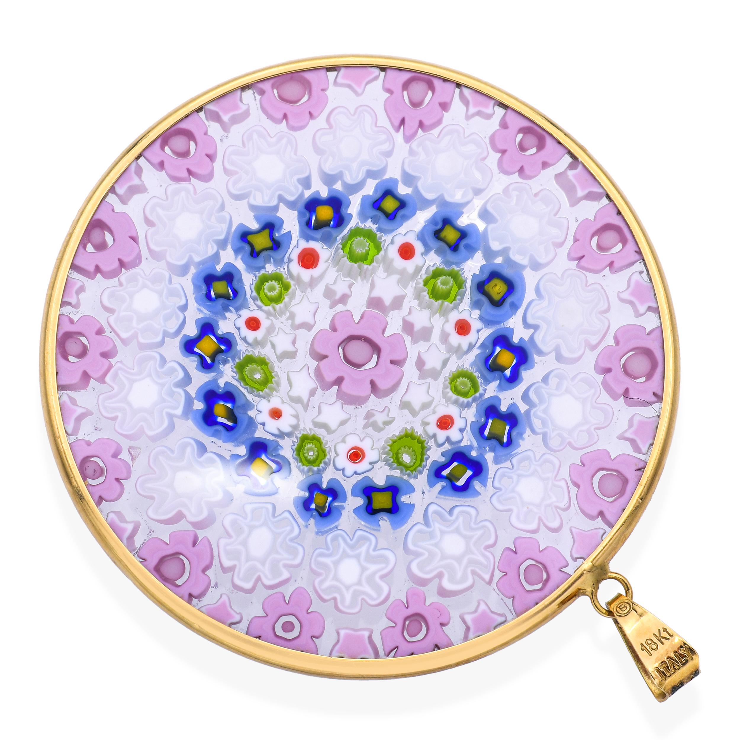 Vintage 18K Yellow Gold Floral Design Murano Glass Pendant