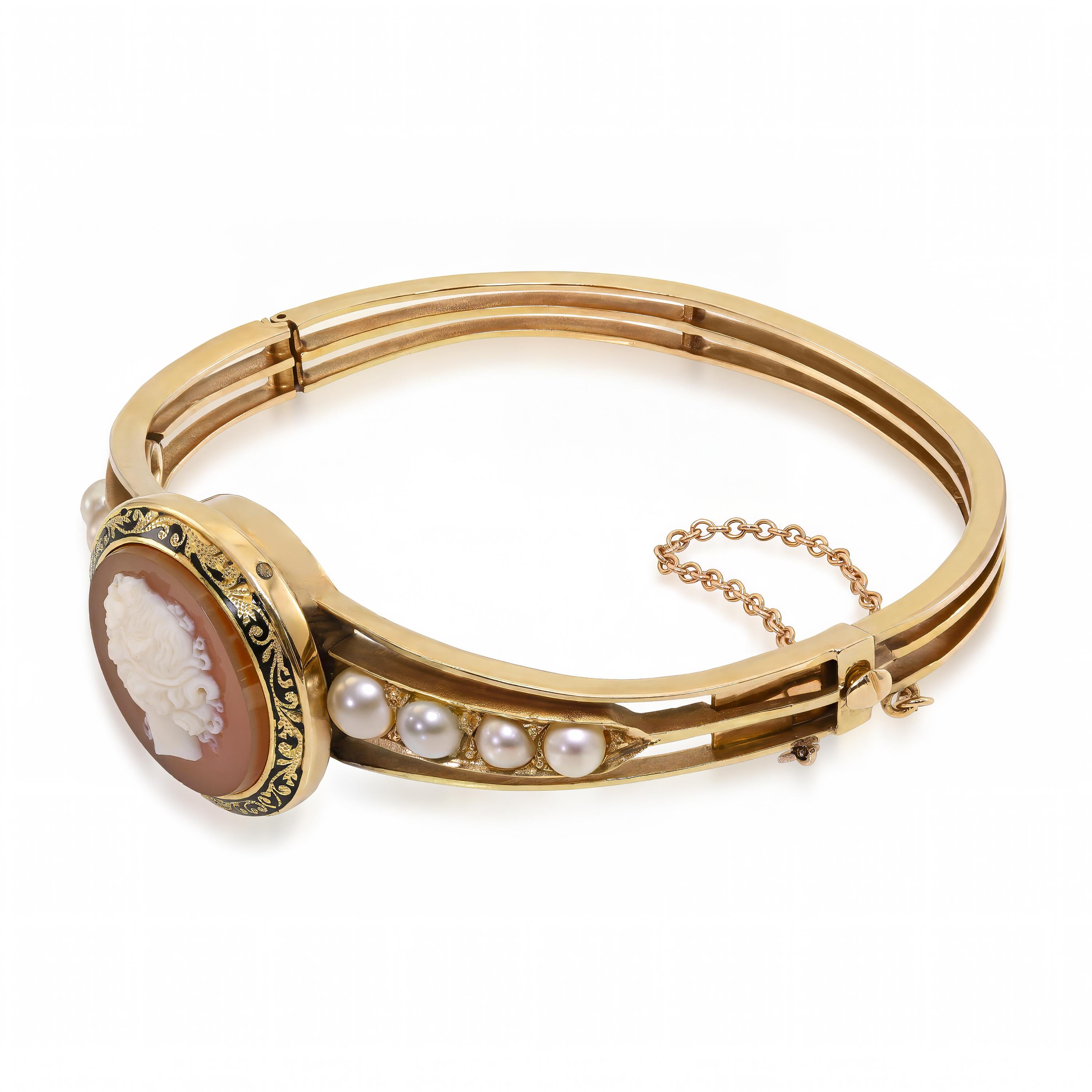 Antique 14k Yellow Gold Hardstone Cameo and Pearl Hinged Cuff Bracelet