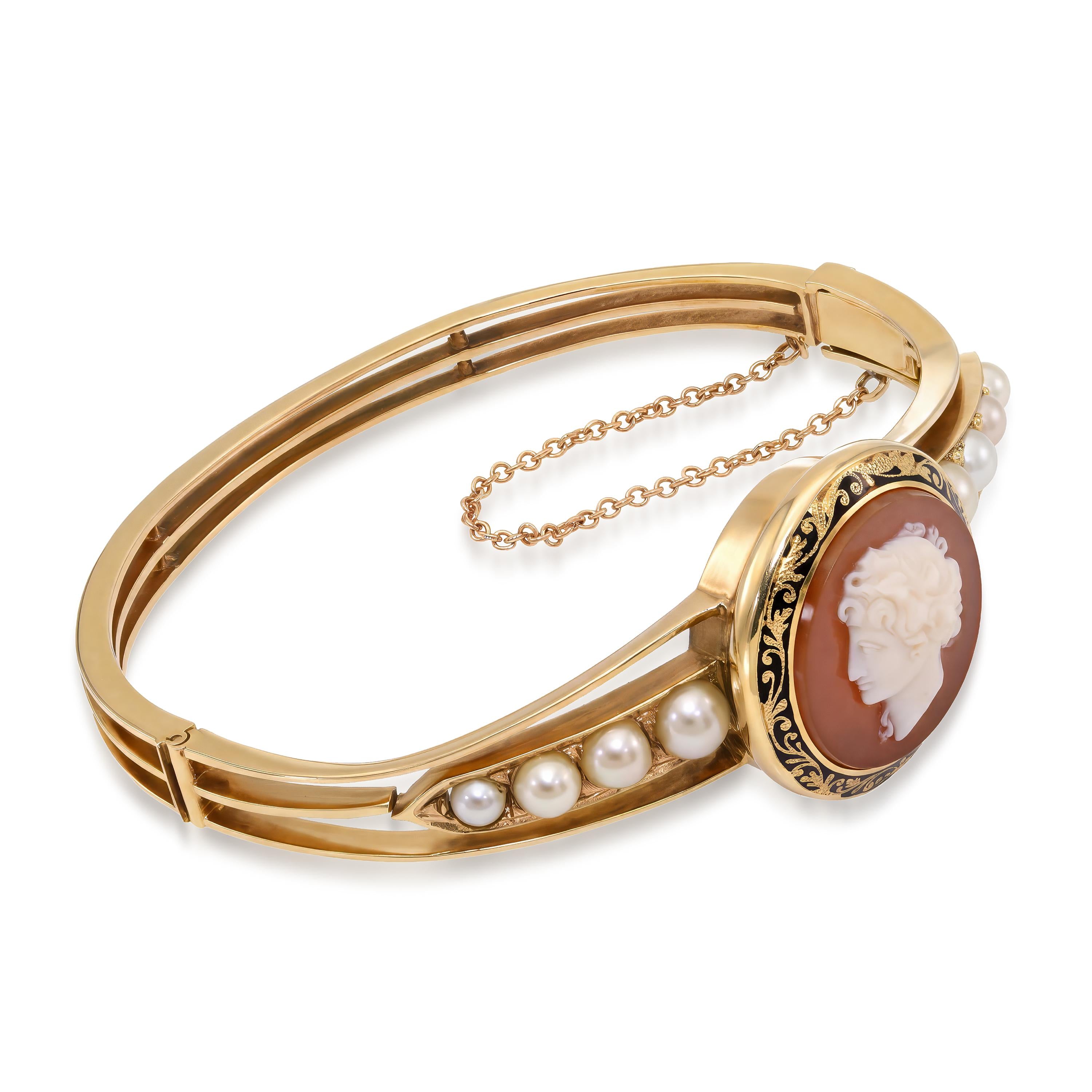 Antique 14k Yellow Gold Hardstone Cameo and Pearl Hinged Cuff Bracelet
