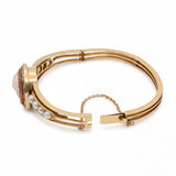 Antique 14k Yellow Gold Hardstone Cameo and Pearl Hinged Cuff Bracelet