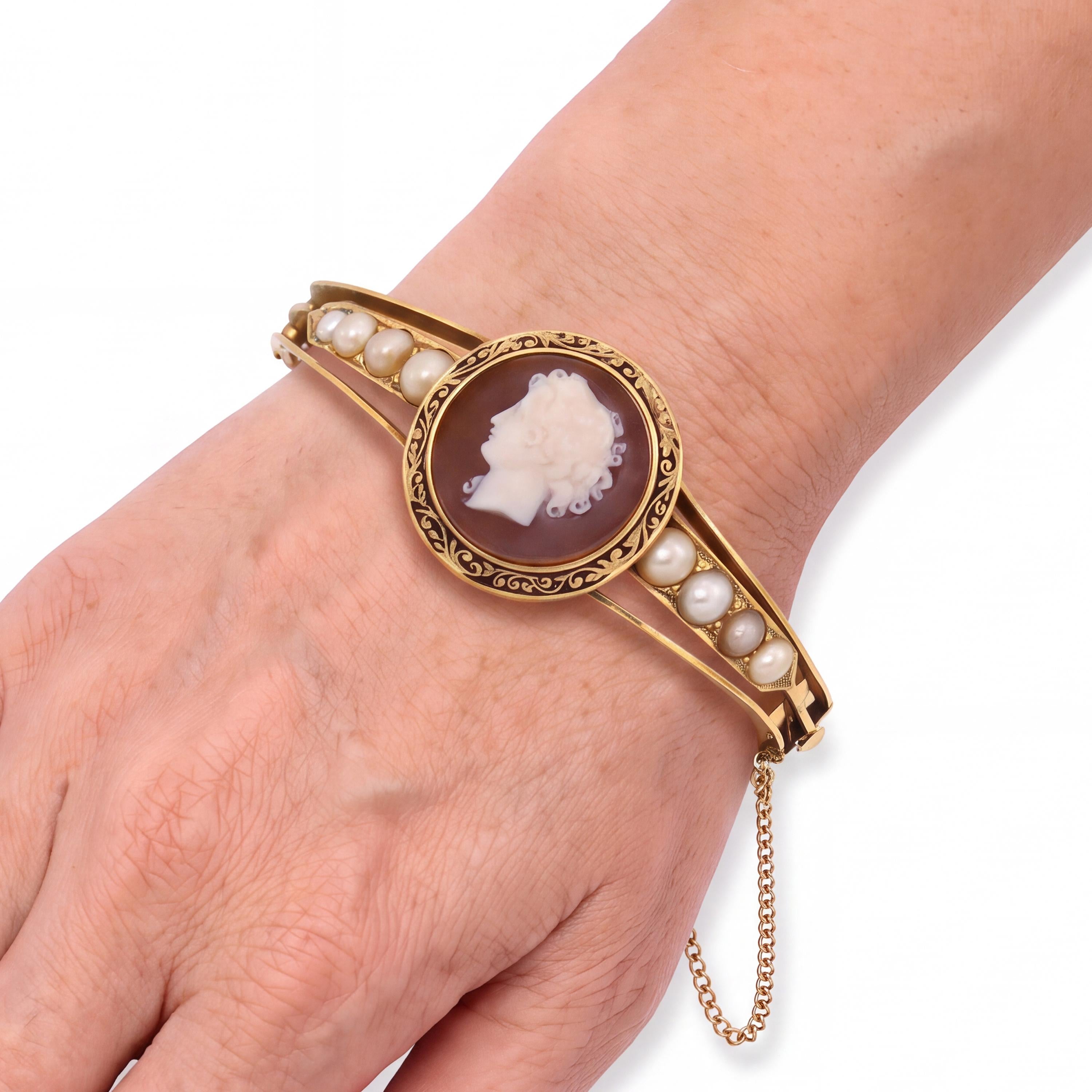 Antique 14k Yellow Gold Hardstone Cameo and Pearl Hinged Cuff Bracelet