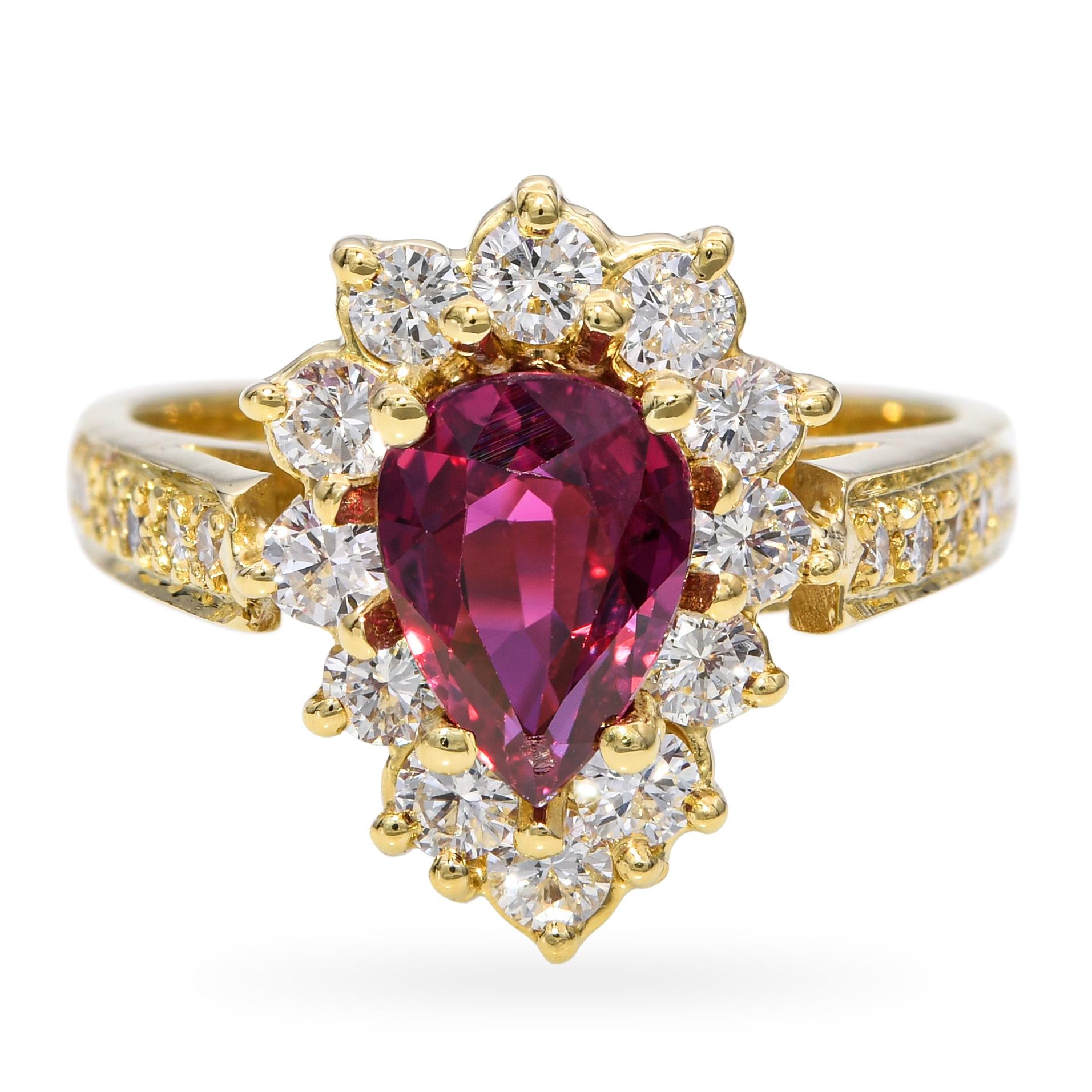 Vintage 18k Yellow Gold Ruby and Diamond Halo Ring