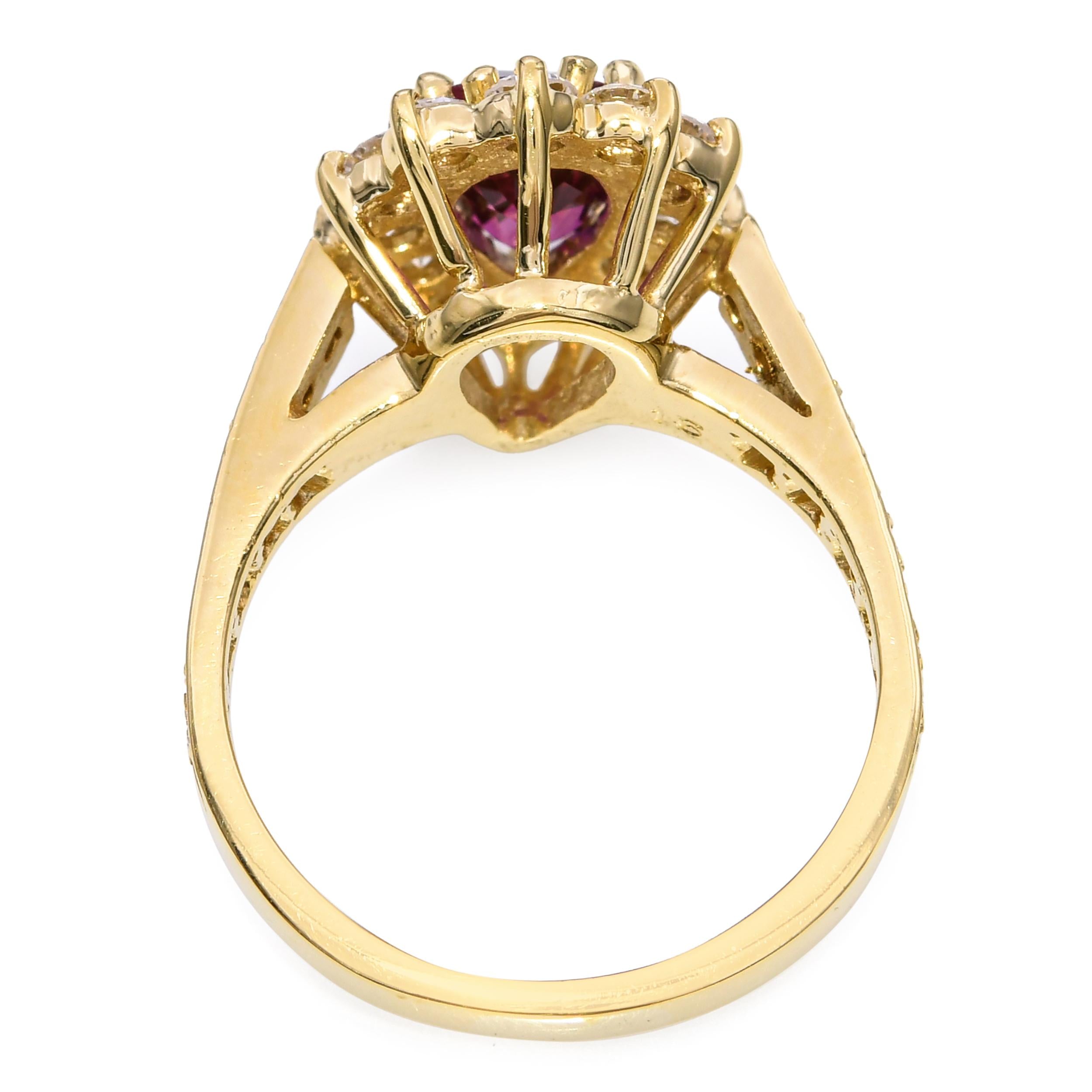 Vintage 18k Yellow Gold Ruby and Diamond Halo Ring