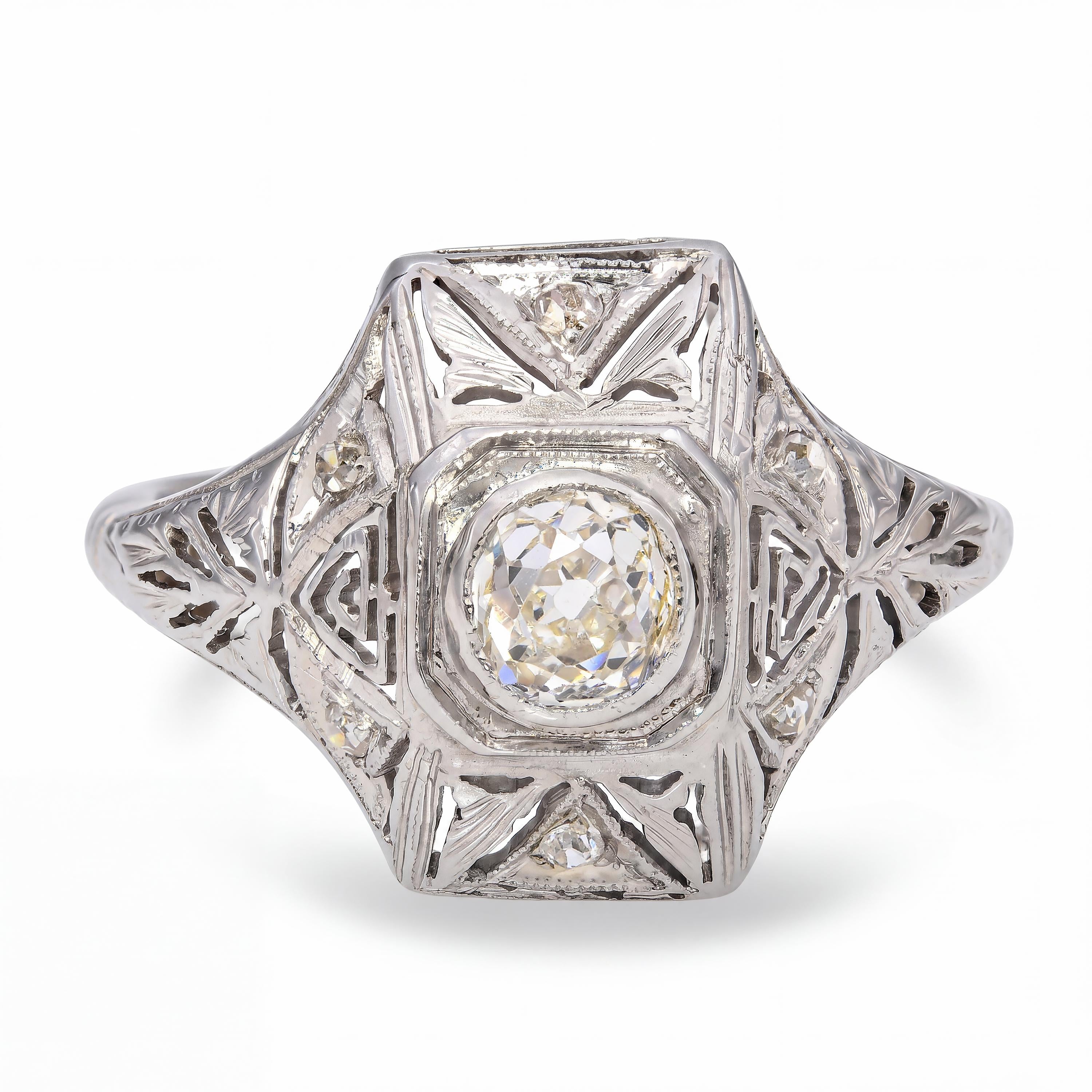 Antique 18k White Gold .47ct Old Mine Cut Diamond Ring