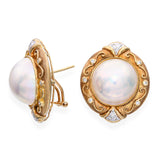 Vintage 14k Yellow Gold Mabe Pearl and Diamond Earrings