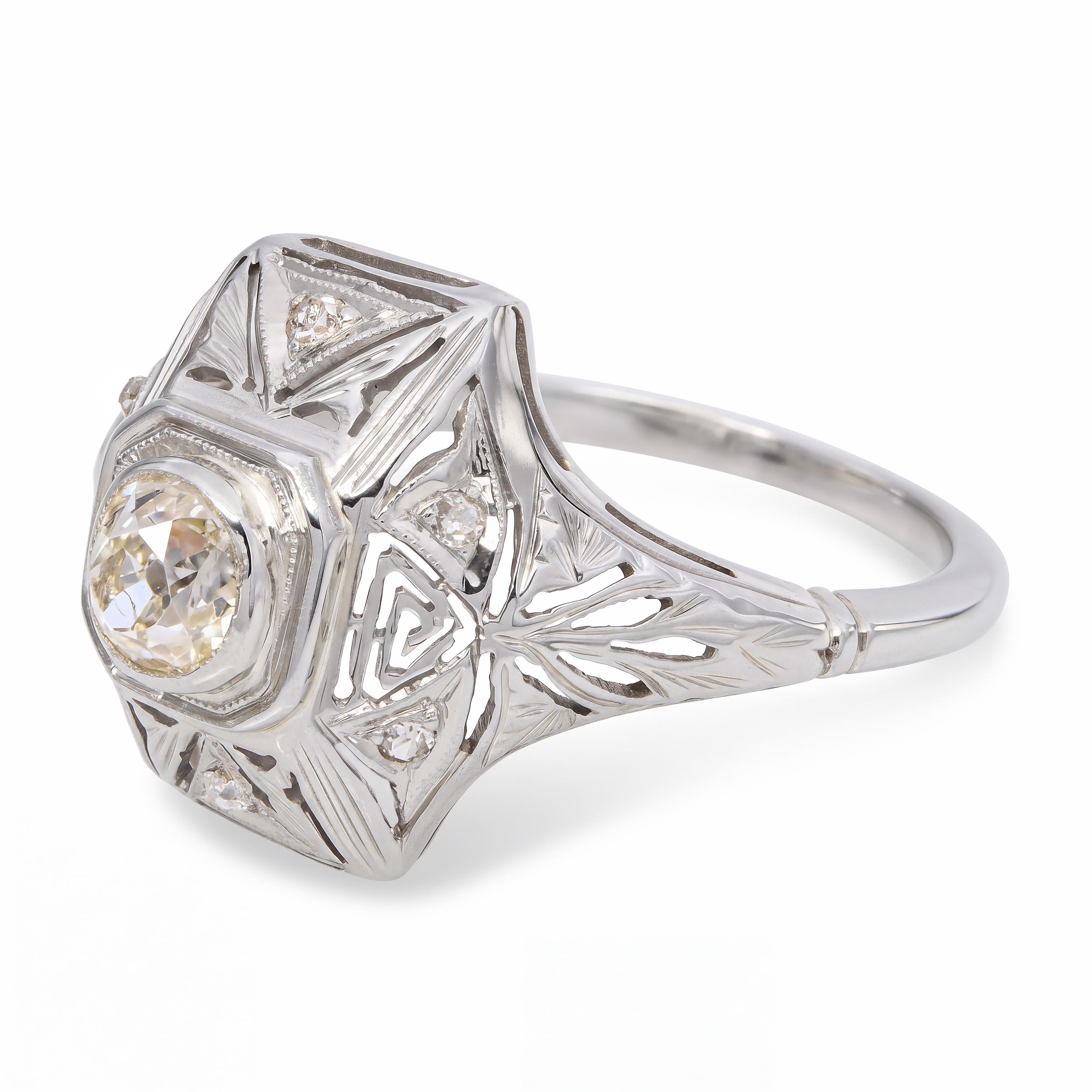 Antique 18k White Gold .47ct Old Mine Cut Diamond Ring