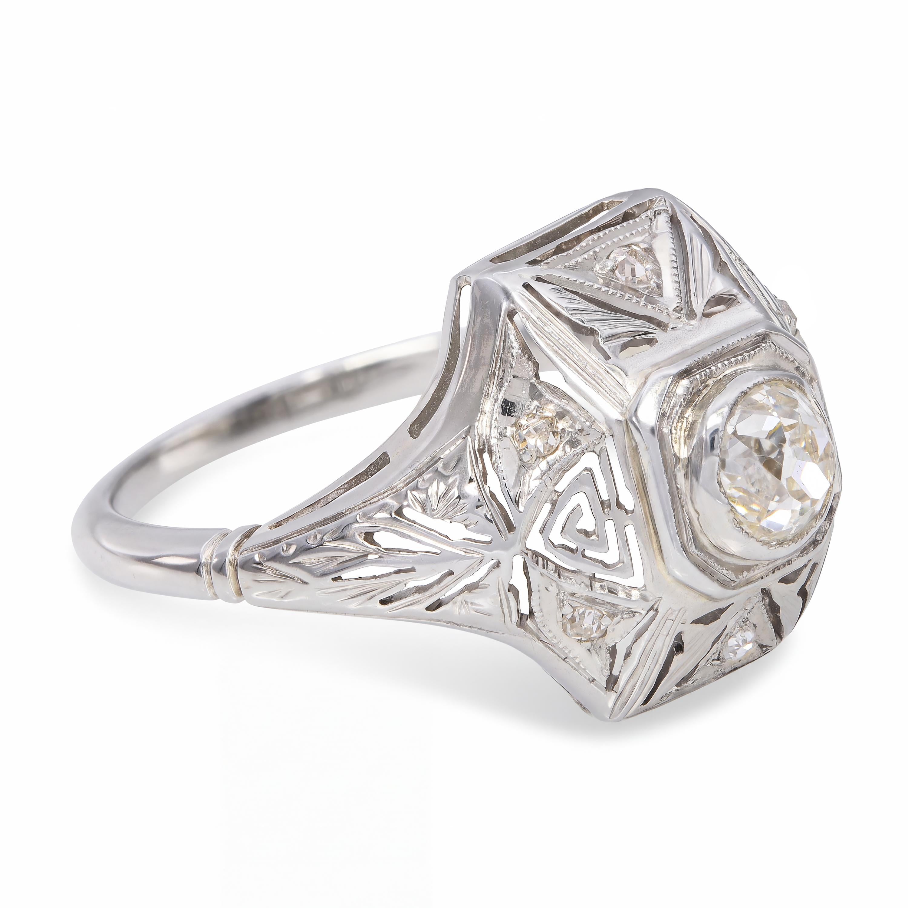 Antique 18k White Gold .47ct Old Mine Cut Diamond Ring