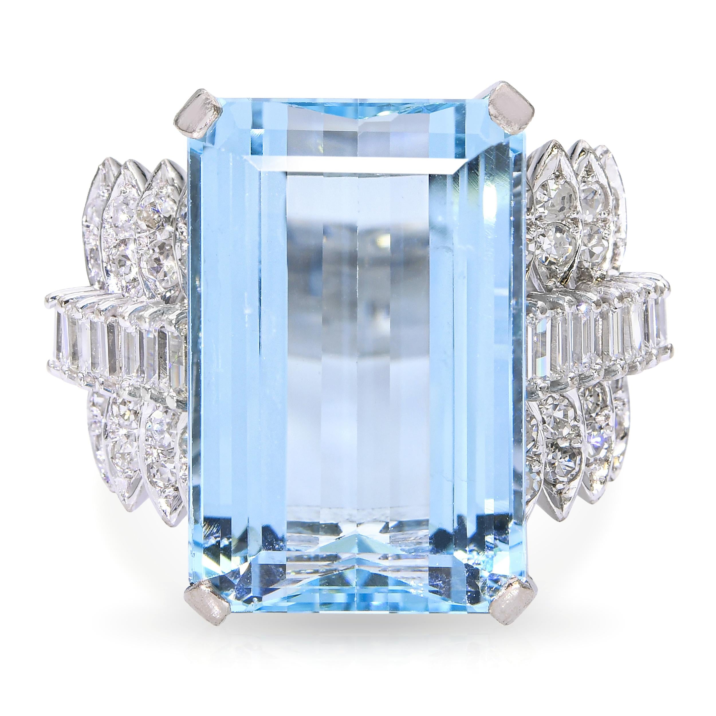 Vintage 14k White Gold 13.91ct Aquamarine and Diamond Statement Ring