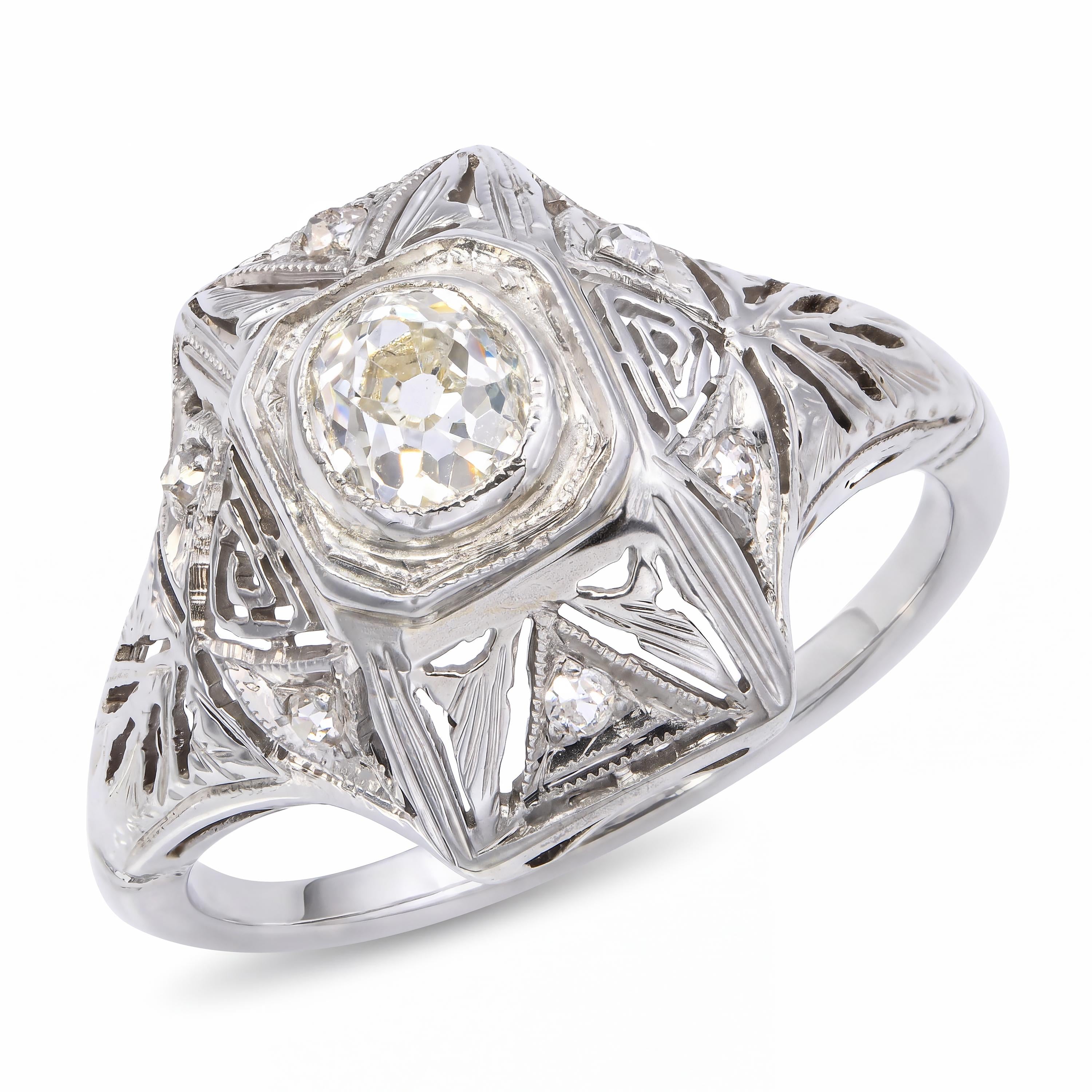 Antique 18k White Gold .47ct Old Mine Cut Diamond Ring
