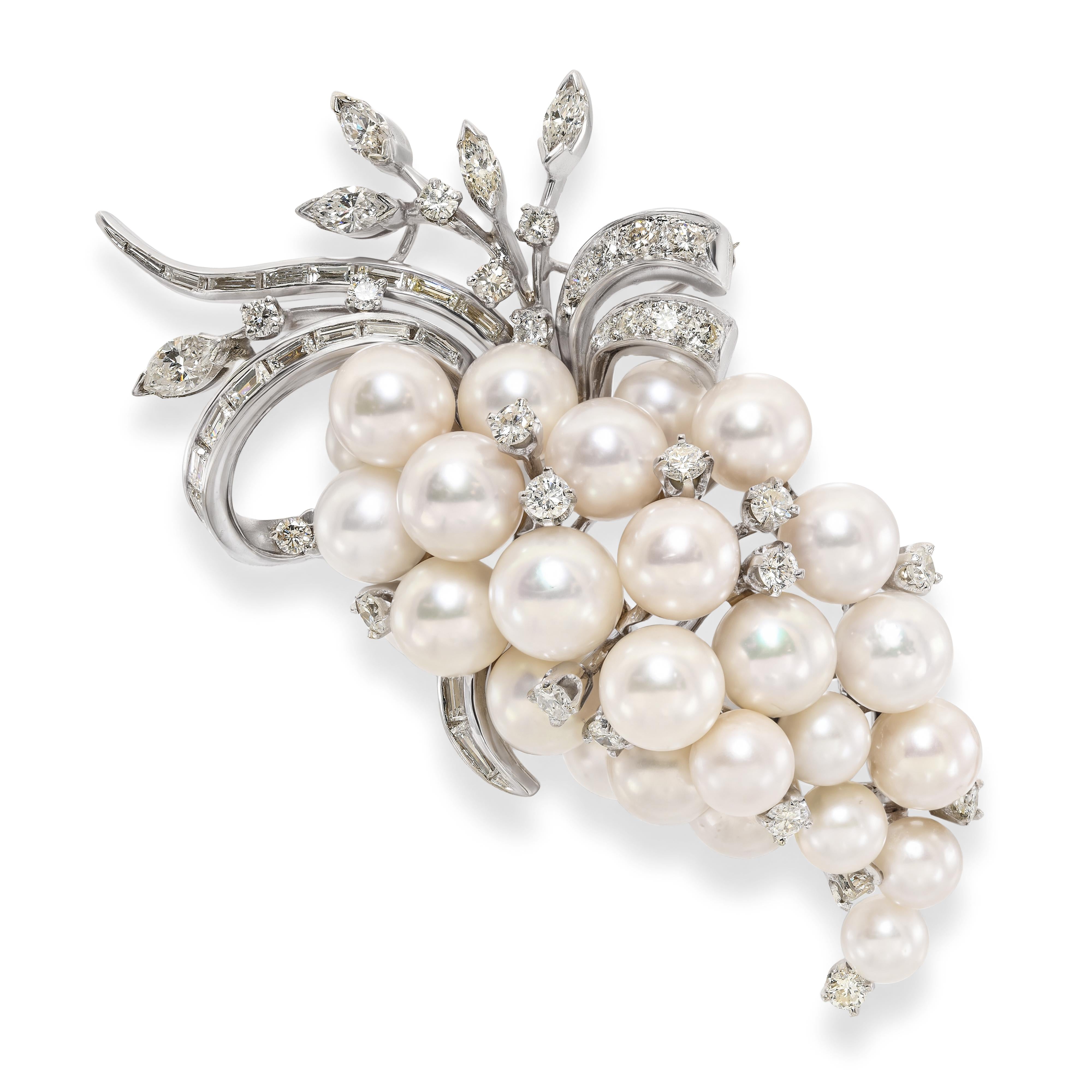 Vintage 13k White Gold Pearl and 3.01ctw Diamond Grape Cluster Brooch