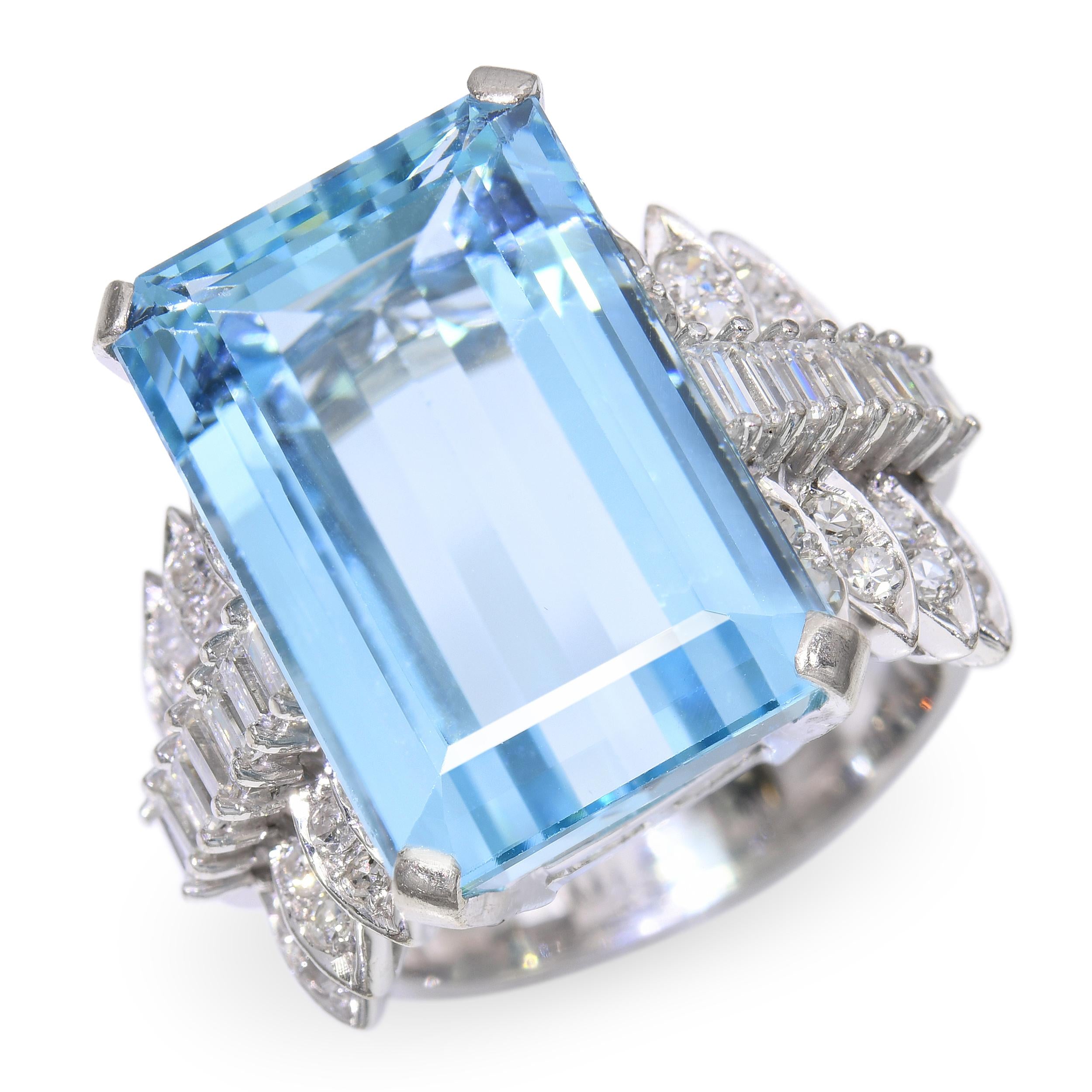 Vintage 14k White Gold 13.91ct Aquamarine and Diamond Statement Ring
