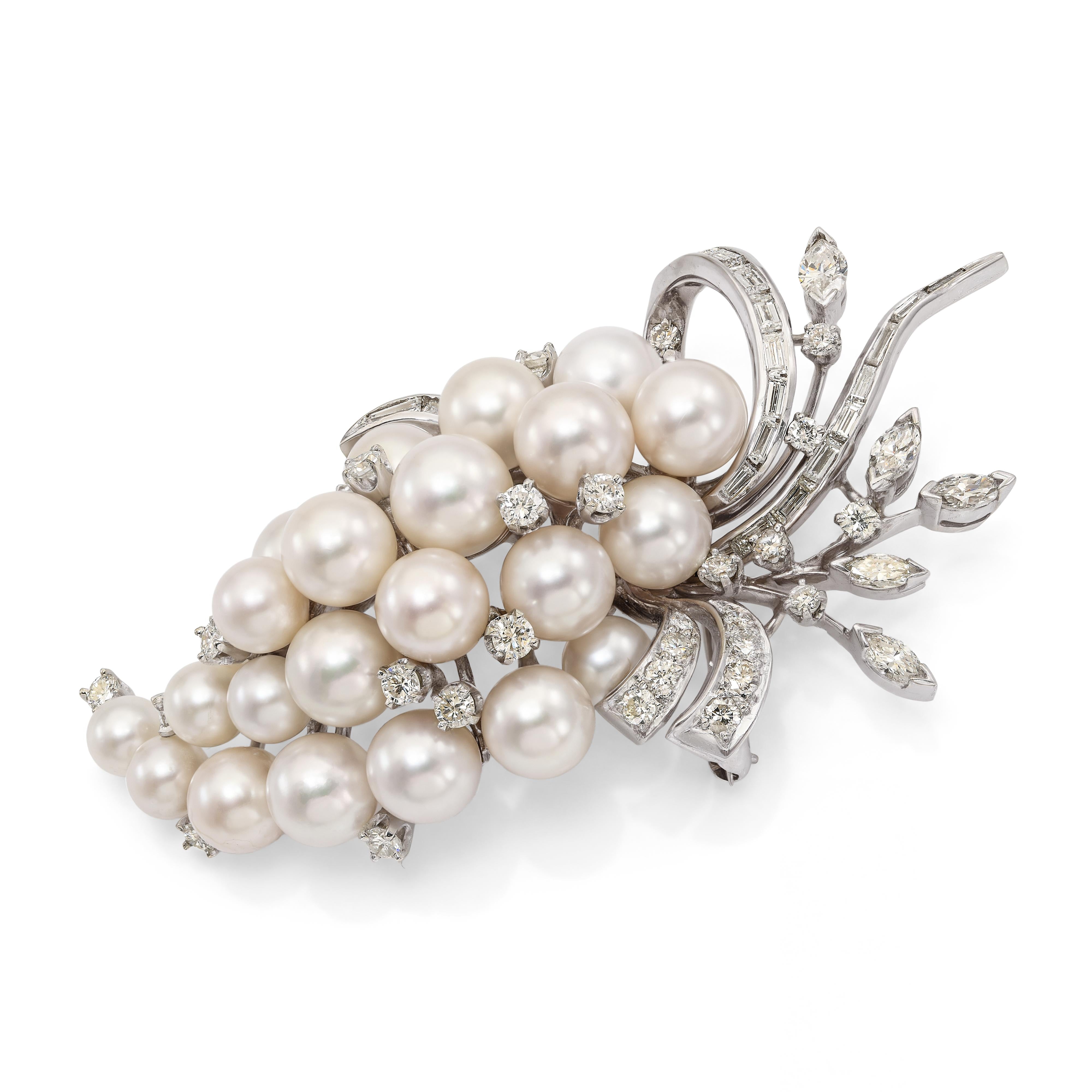 Vintage 13k White Gold Pearl and 3.01ctw Diamond Grape Cluster Brooch