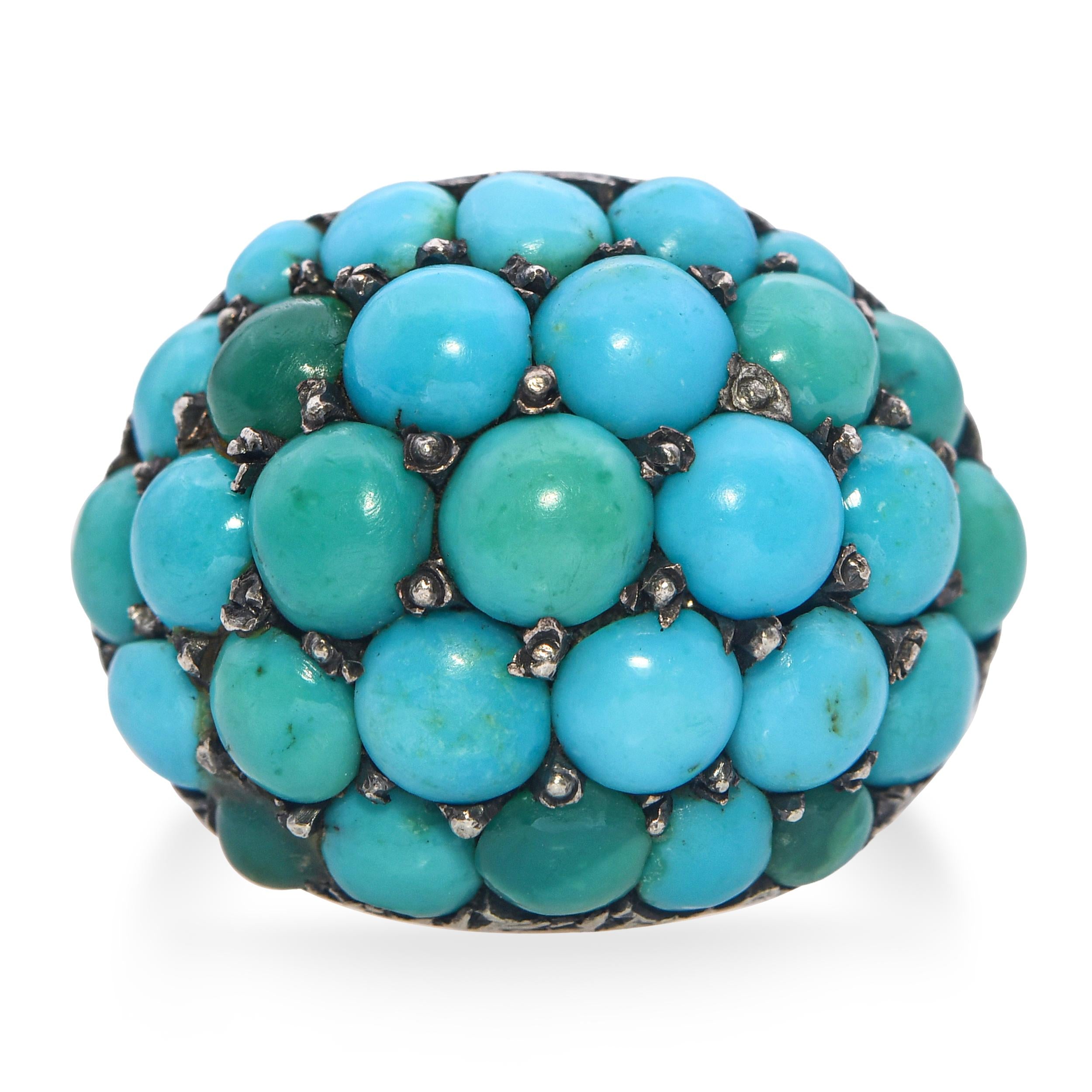Antique 9k Rose Gold and Silver Topped Turquoise Cluster Dome Ring