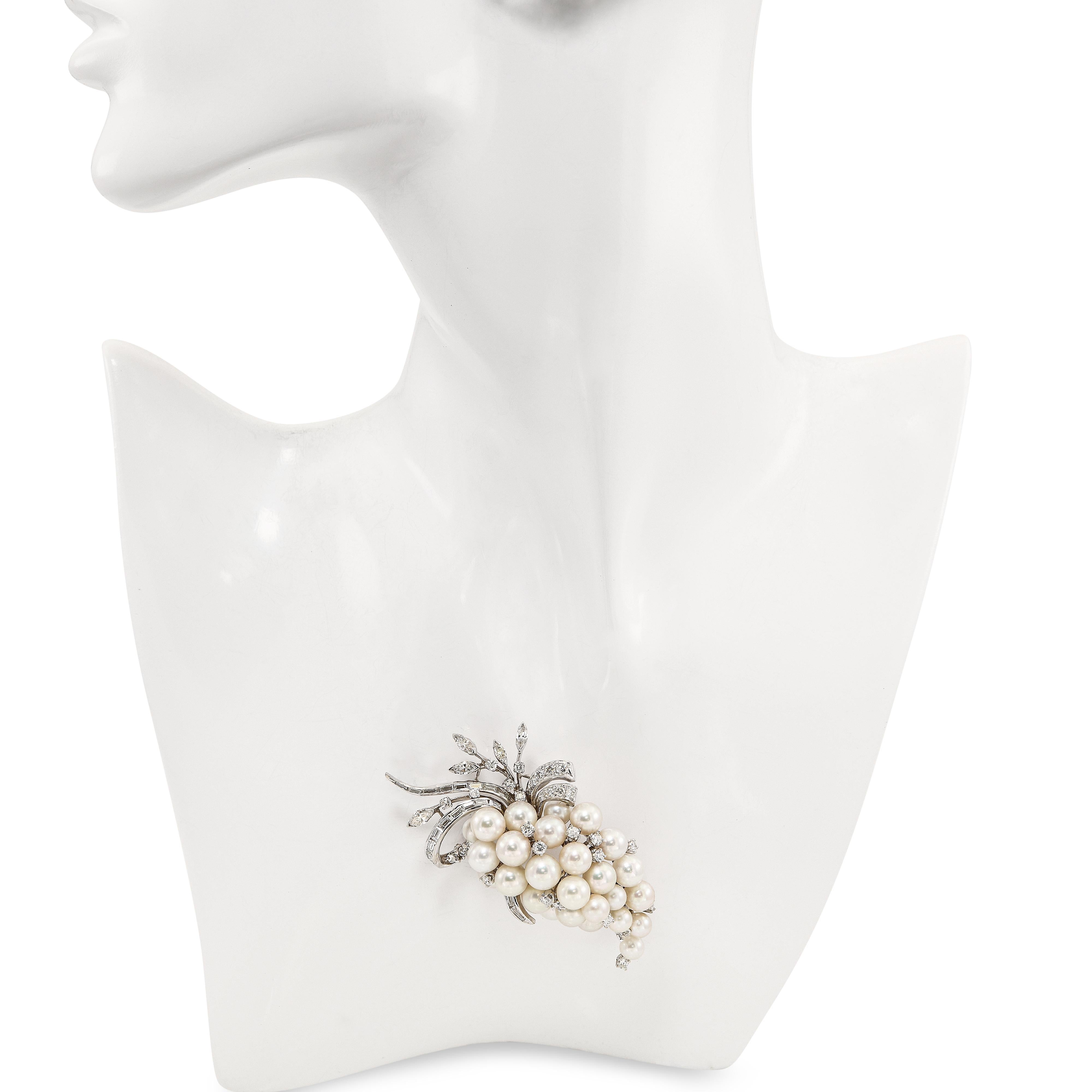 Vintage 13k White Gold Pearl and 3.01ctw Diamond Grape Cluster Brooch
