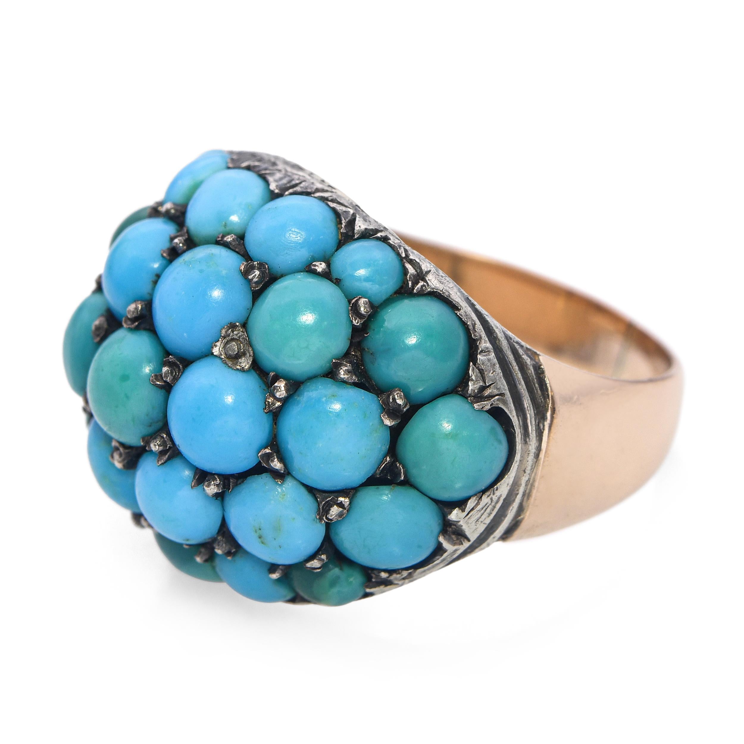 Antique 9k Rose Gold and Silver Topped Turquoise Cluster Dome Ring