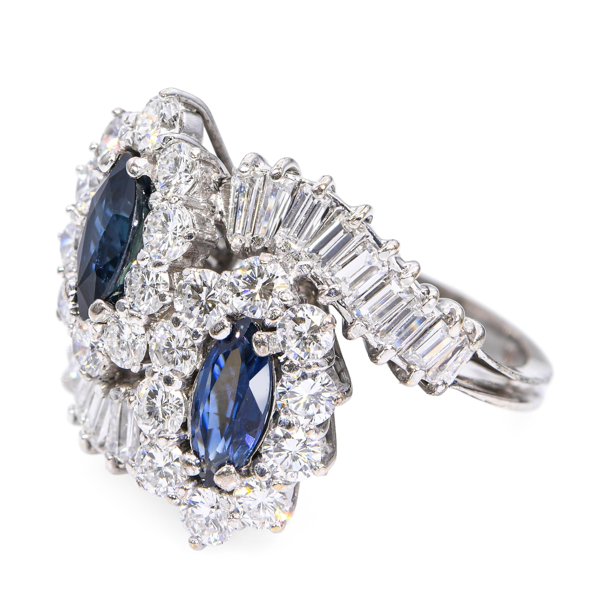 Vintage 14k White Gold Sapphire and Diamond Bypass Ring
