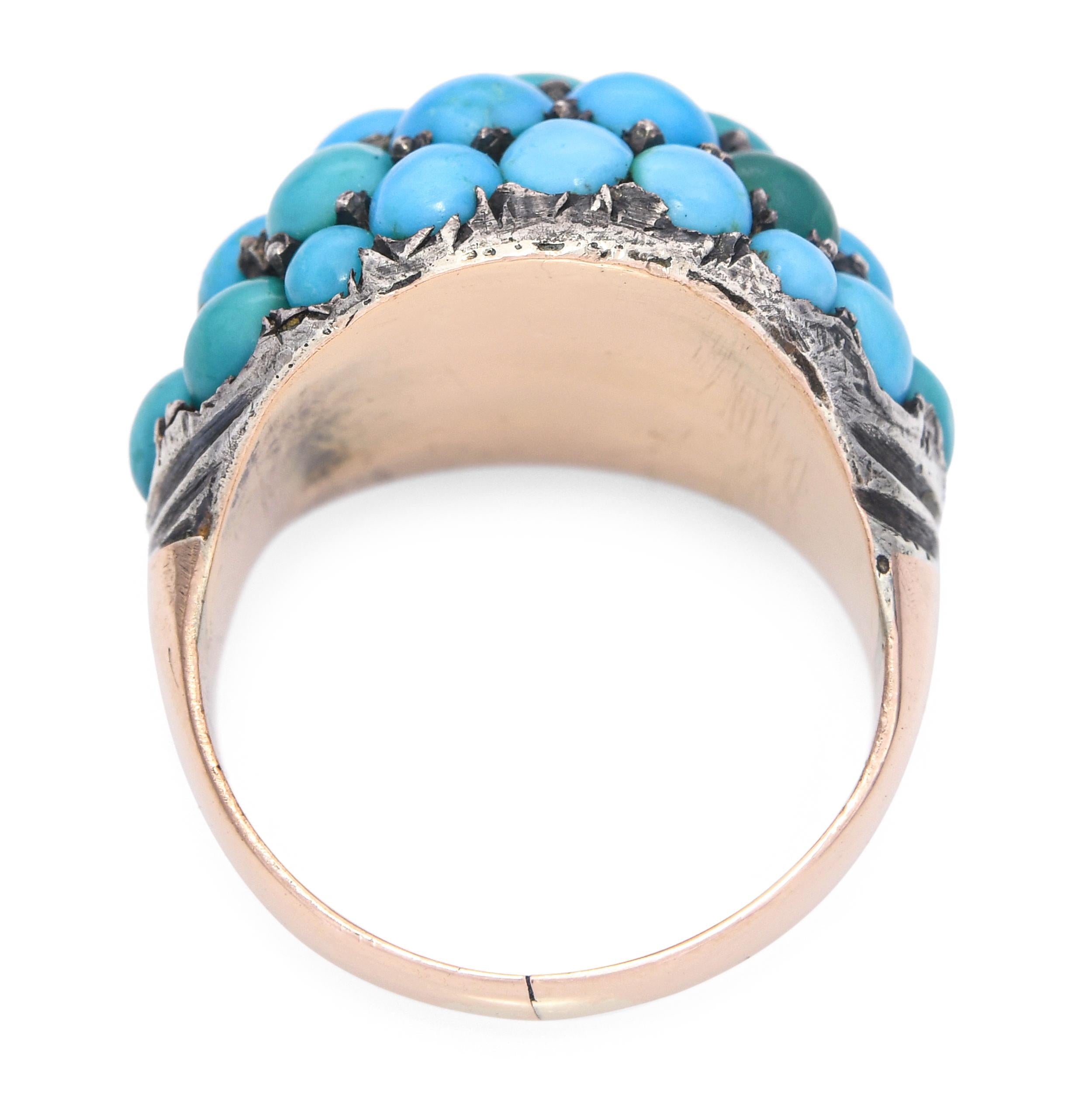Antique 9k Rose Gold and Silver Topped Turquoise Cluster Dome Ring