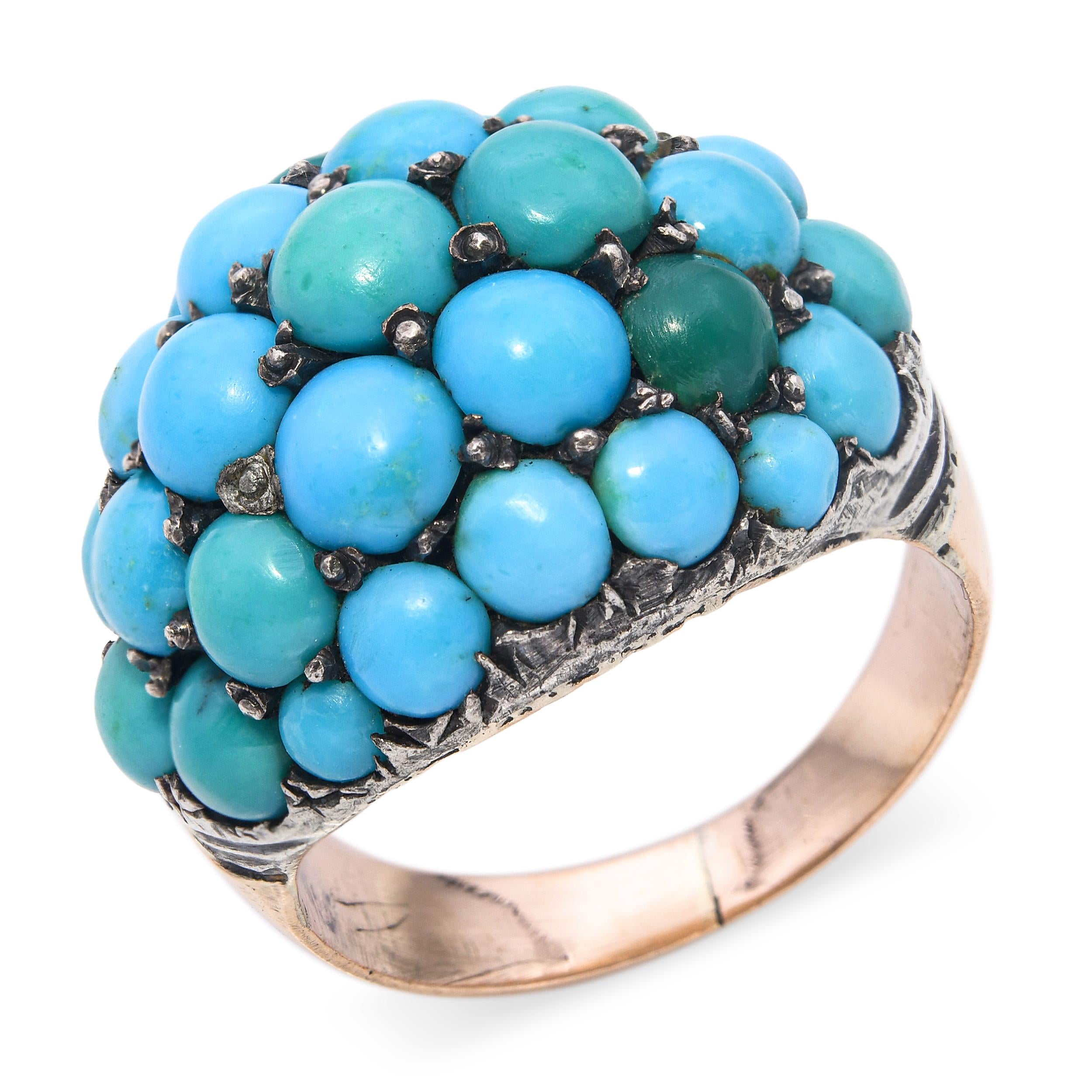 Antique 9k Rose Gold and Silver Topped Turquoise Cluster Dome Ring