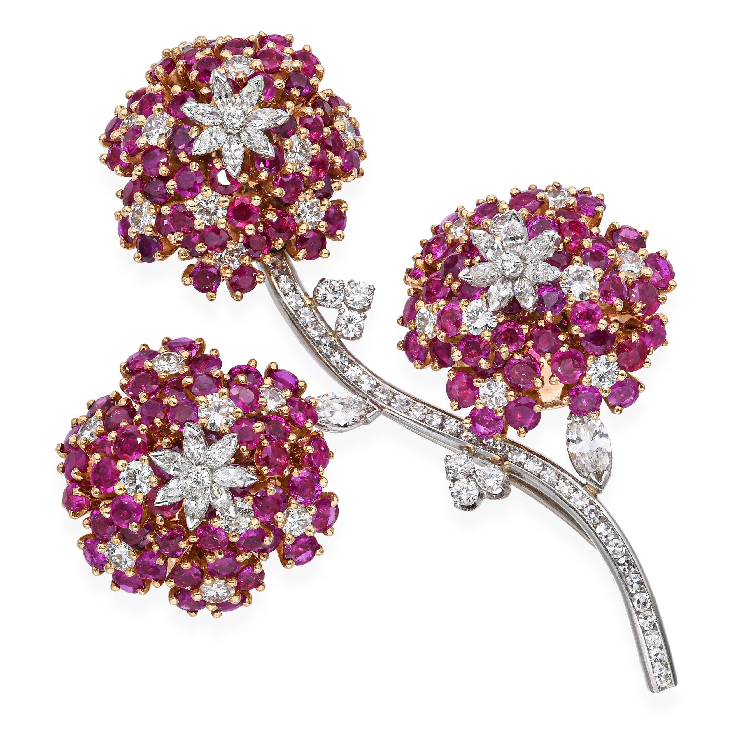 Vintage 14k Yellow Gold and Platinum Floral Ruby and Diamond Brooch ...
