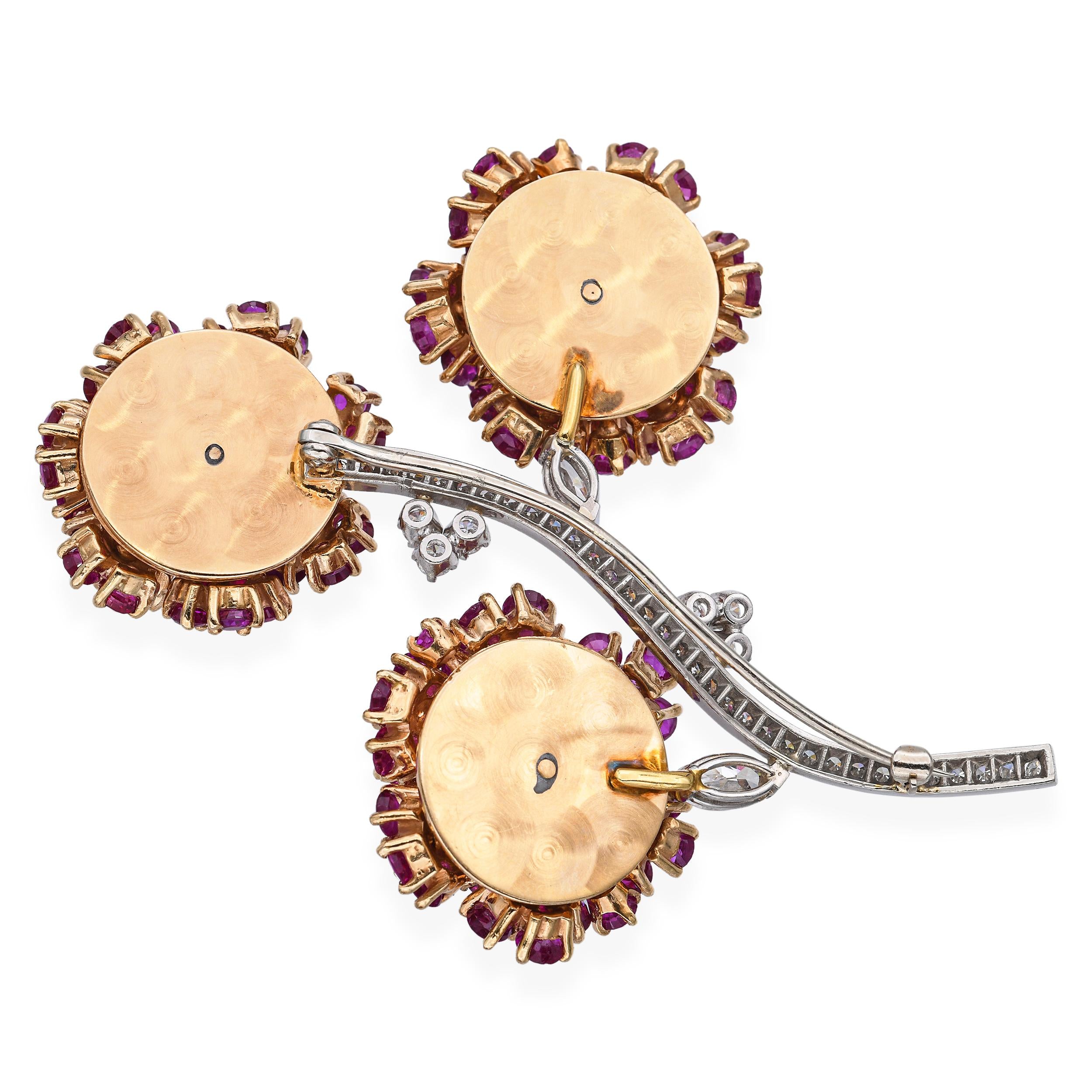 Vintage 14k Yellow Gold and Platinum Floral Ruby and Diamond Brooch