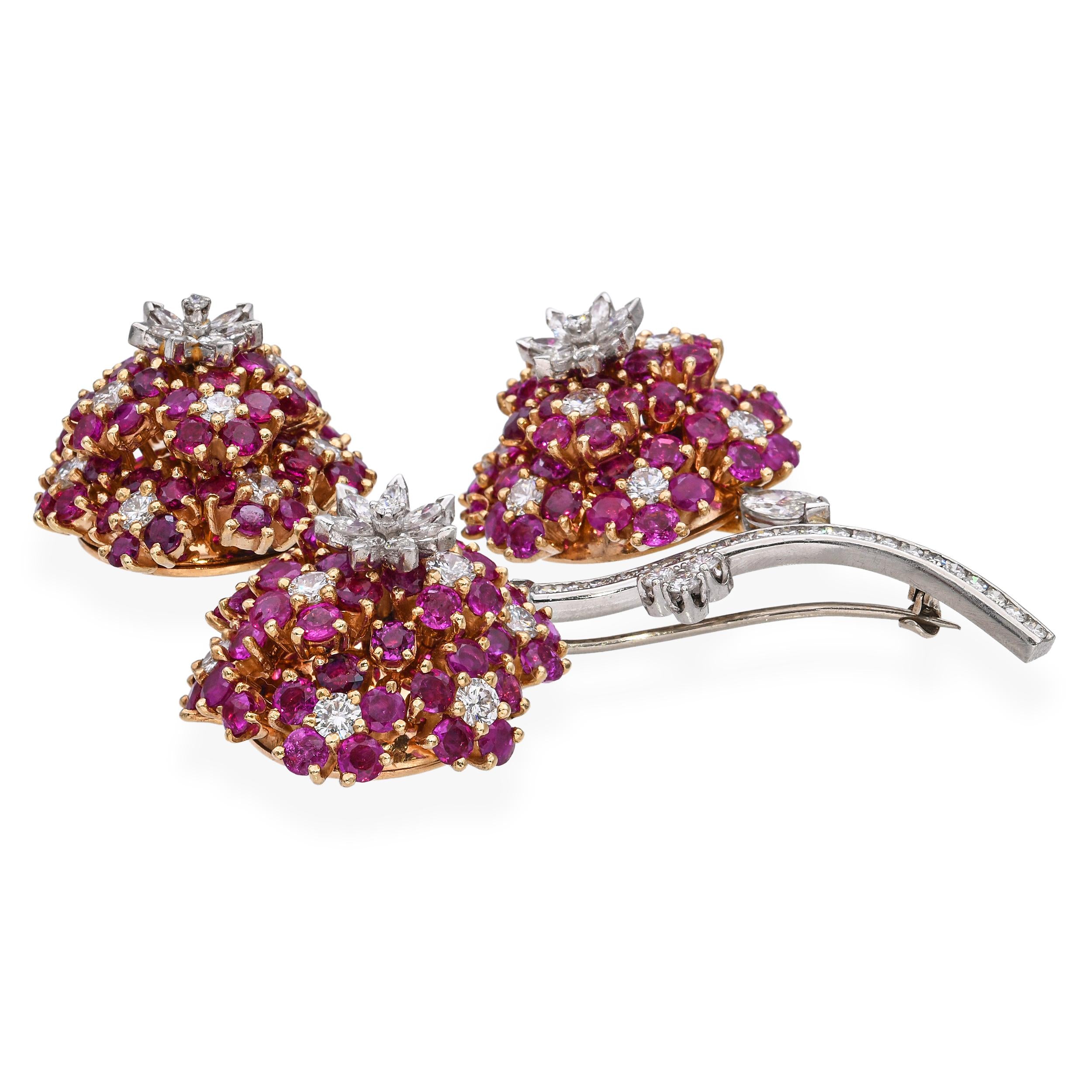 Vintage 14k Yellow Gold and Platinum Floral Ruby and Diamond Brooch