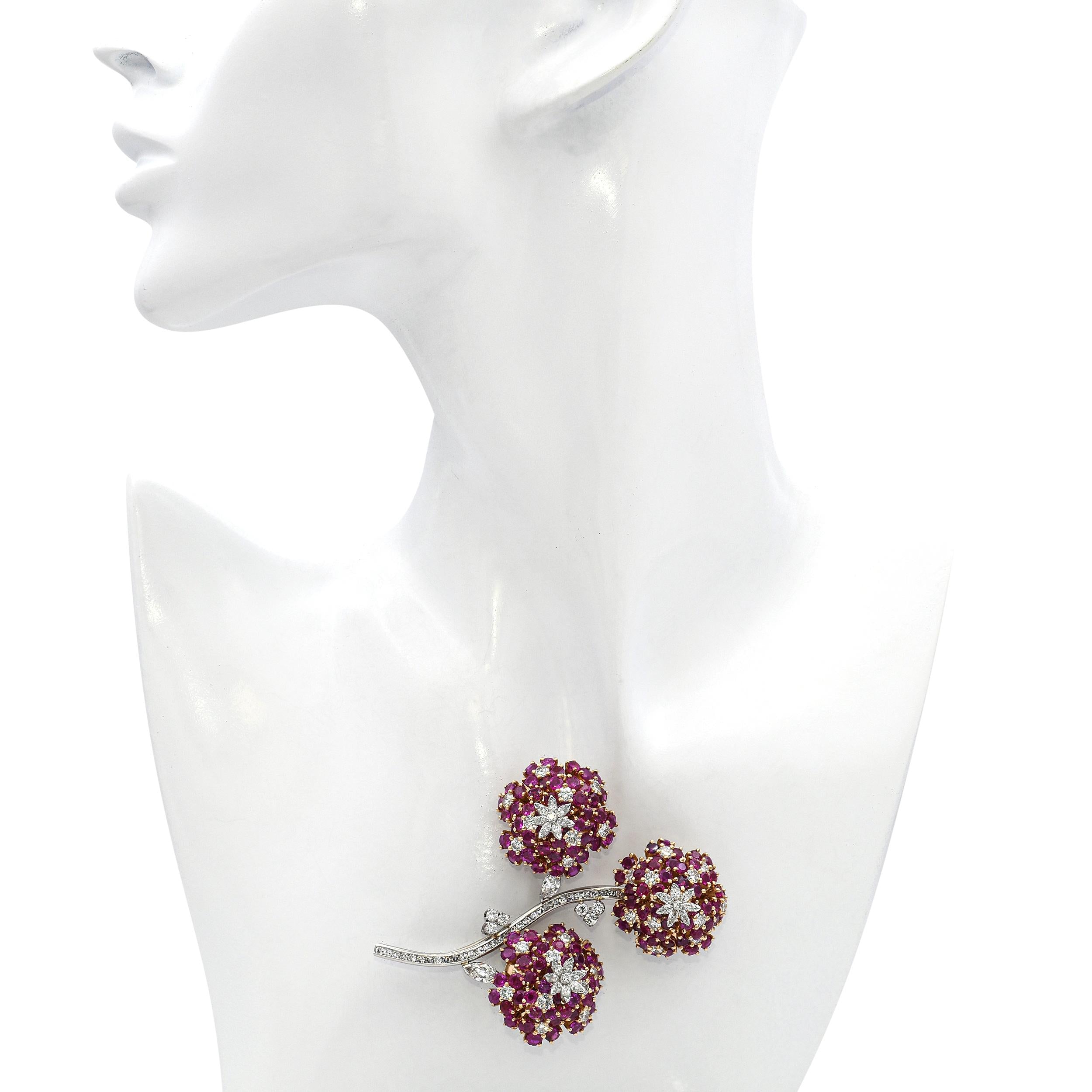 Vintage 14k Yellow Gold and Platinum Floral Ruby and Diamond Brooch