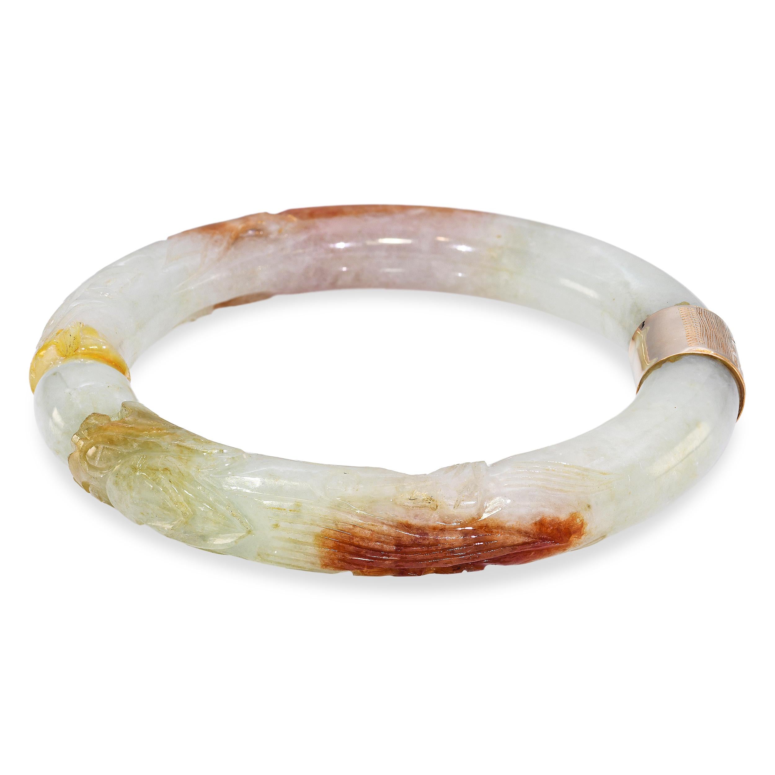 Vintage 14k Yellow Gold Carved Dragon Jadeite Jade Bangle