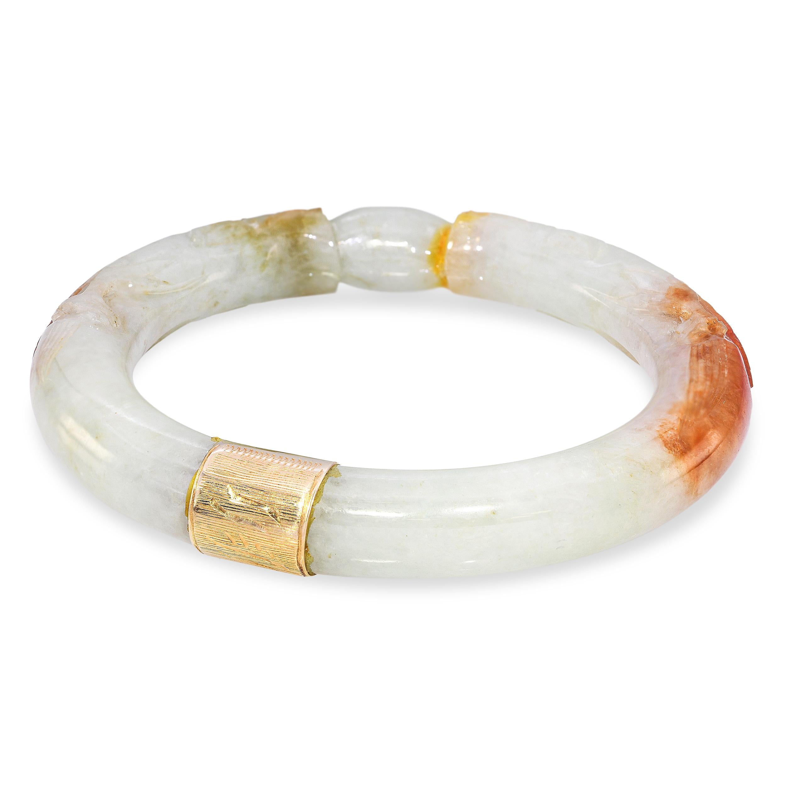 Vintage 14k Yellow Gold Carved Dragon Jadeite Jade Bangle
