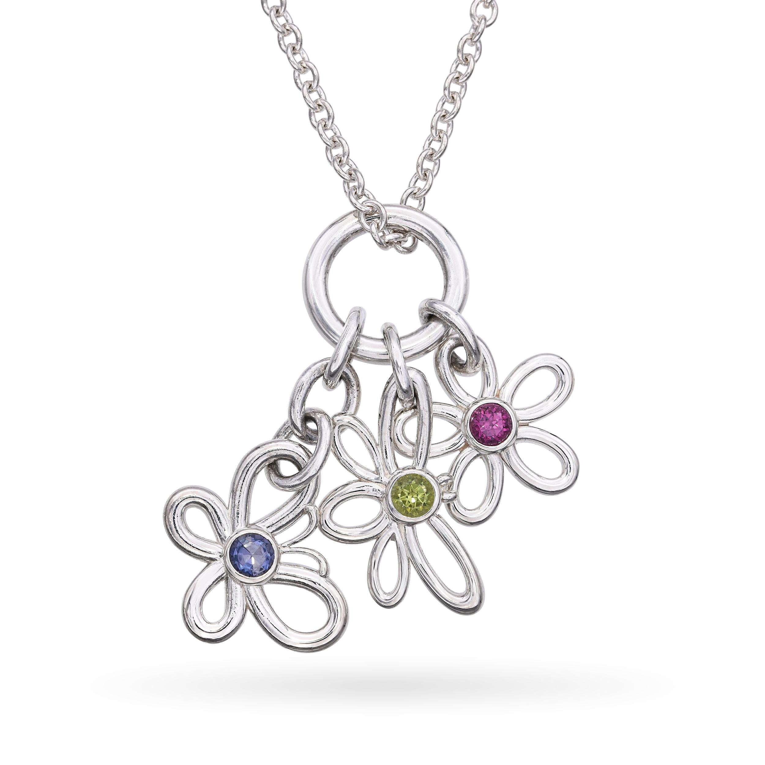 Tiffany & Co. Sterling Silver Multi Stone Flower Butterfly Necklace
