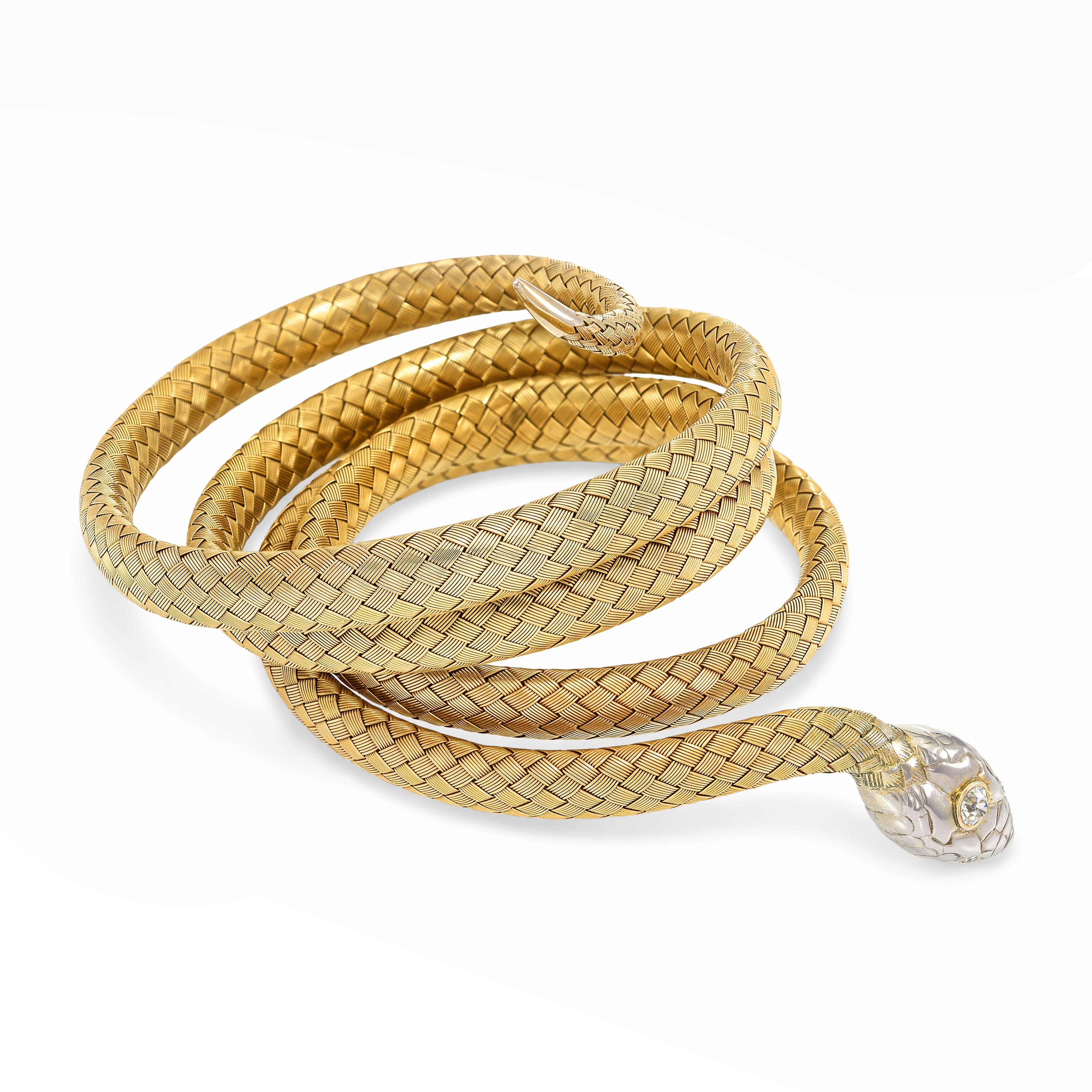 Vintage 18k Yellow and 14k White Gold and Diamond Snake Bracelet