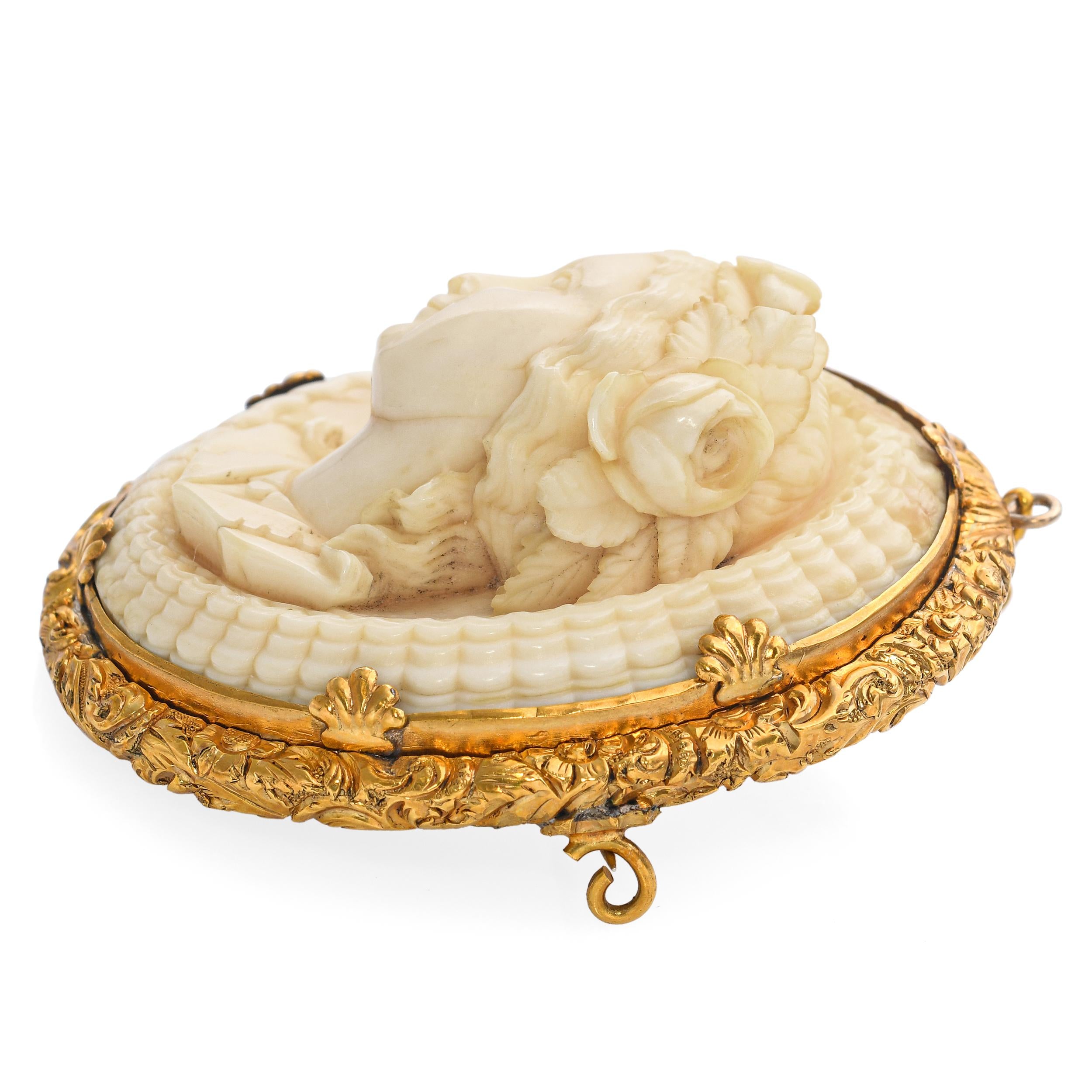 Antique Gold Filled Carved Bone Cameo Brooch