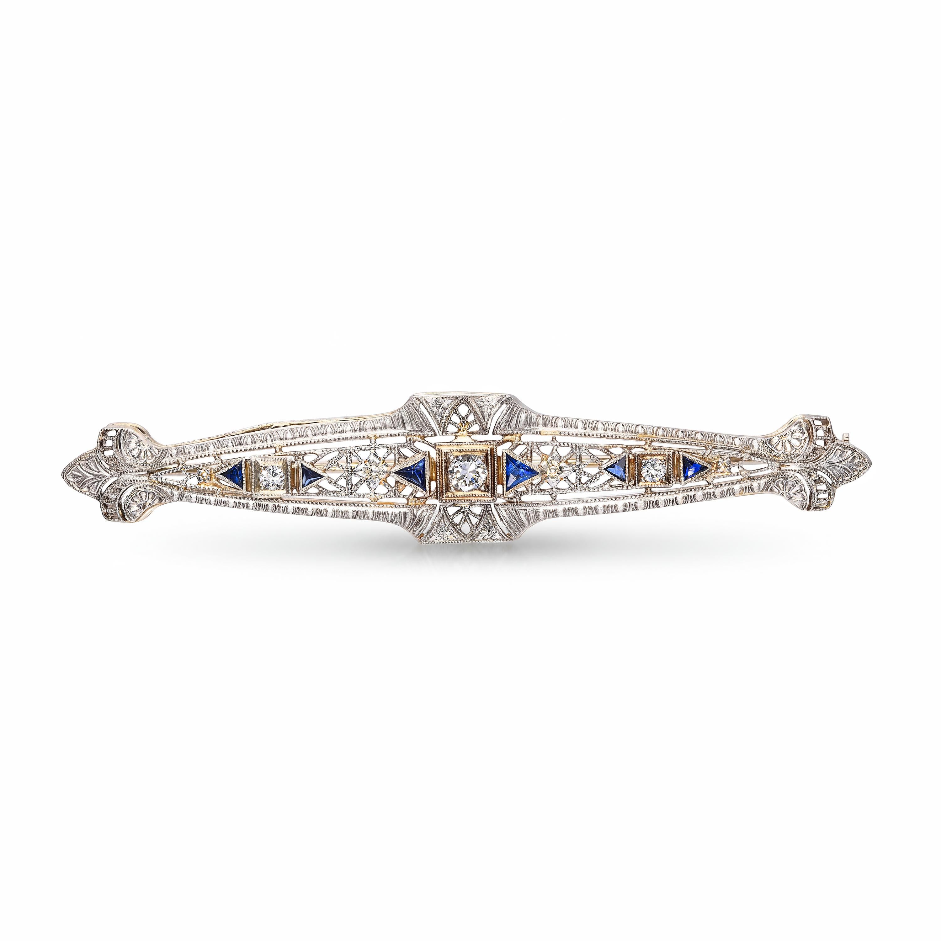 Art Deco 14k White Gold Diamond & Sapphire Brooch