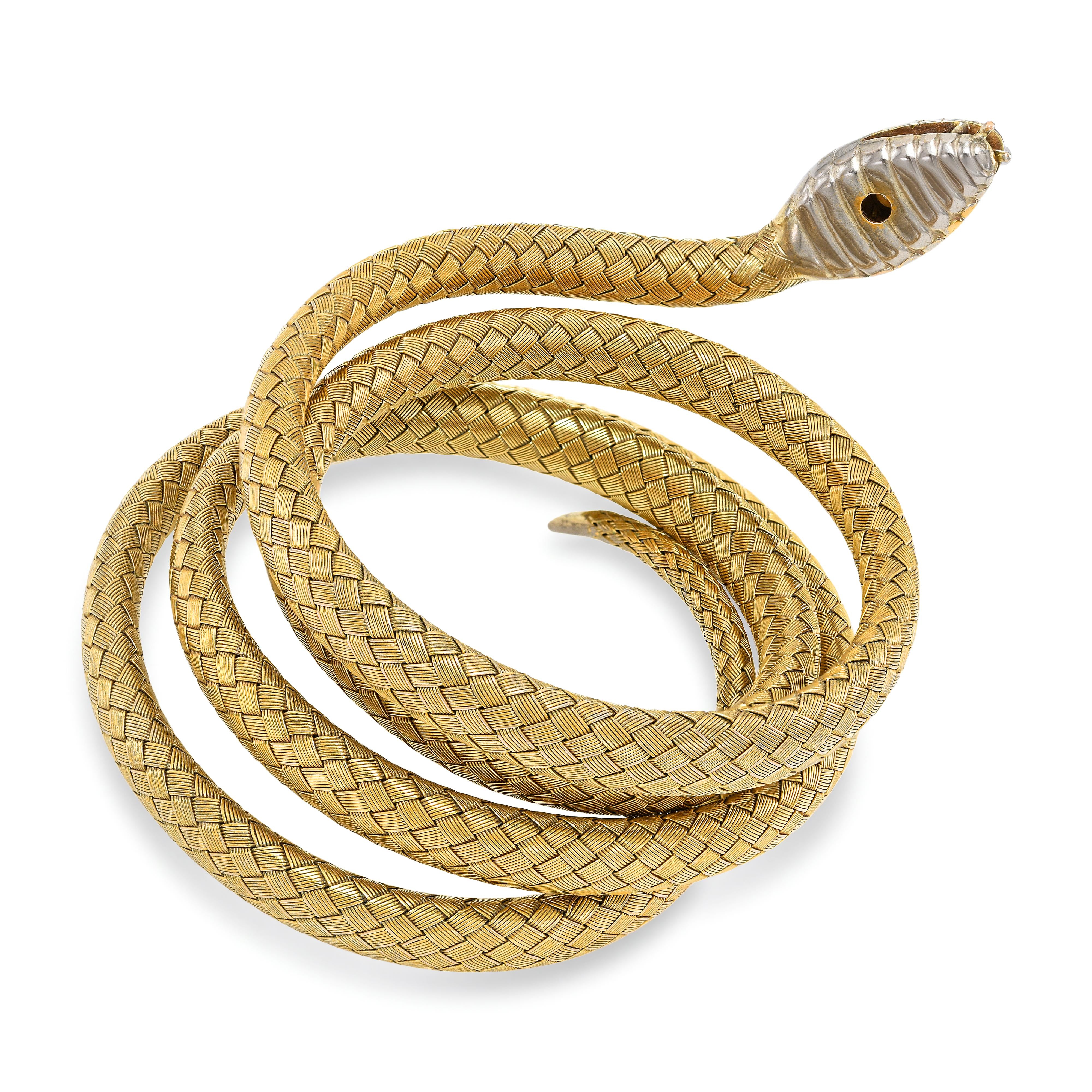 Vintage 18k Yellow and 14k White Gold and Diamond Snake Bracelet