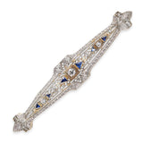 Art Deco 14k White Gold Diamond & Sapphire Brooch