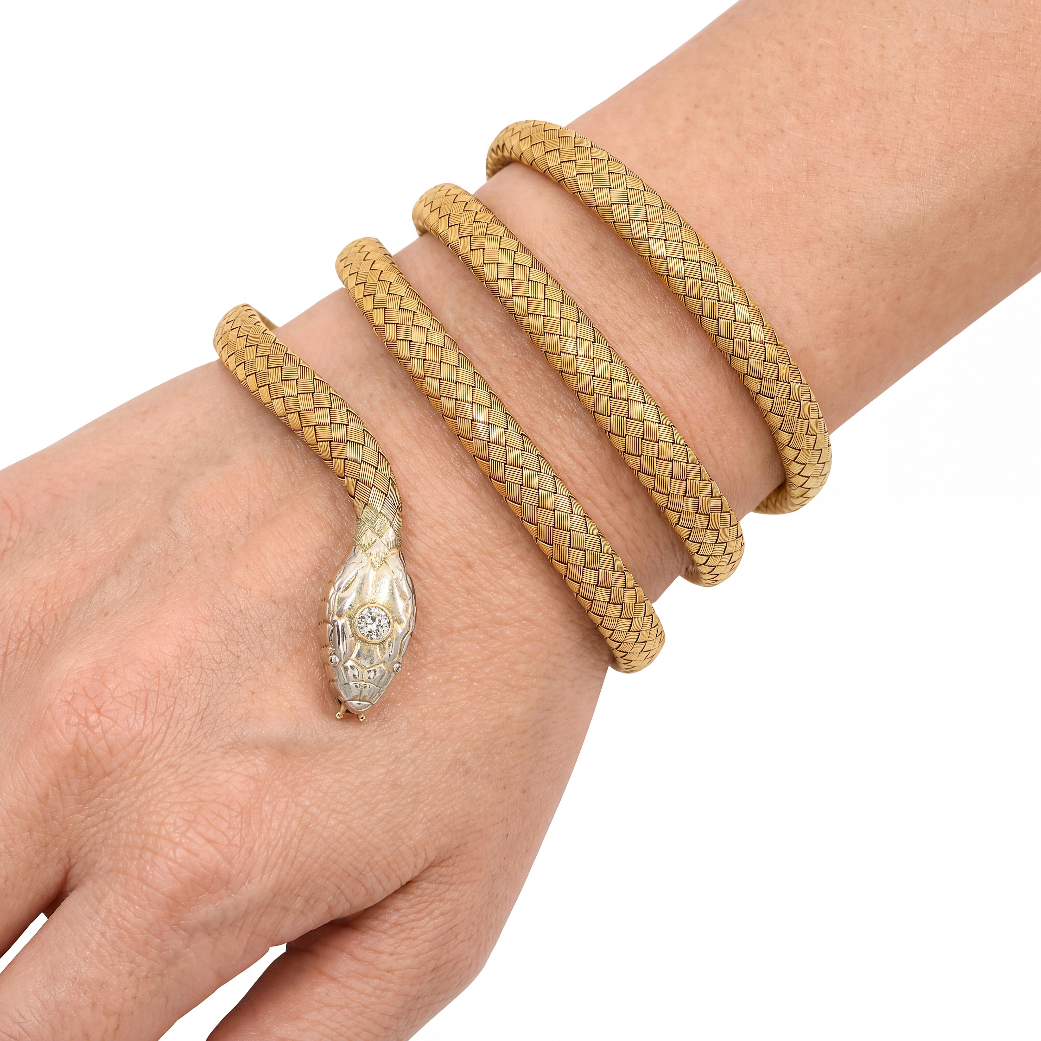 Vintage 18k Yellow and 14k White Gold and Diamond Snake Bracelet