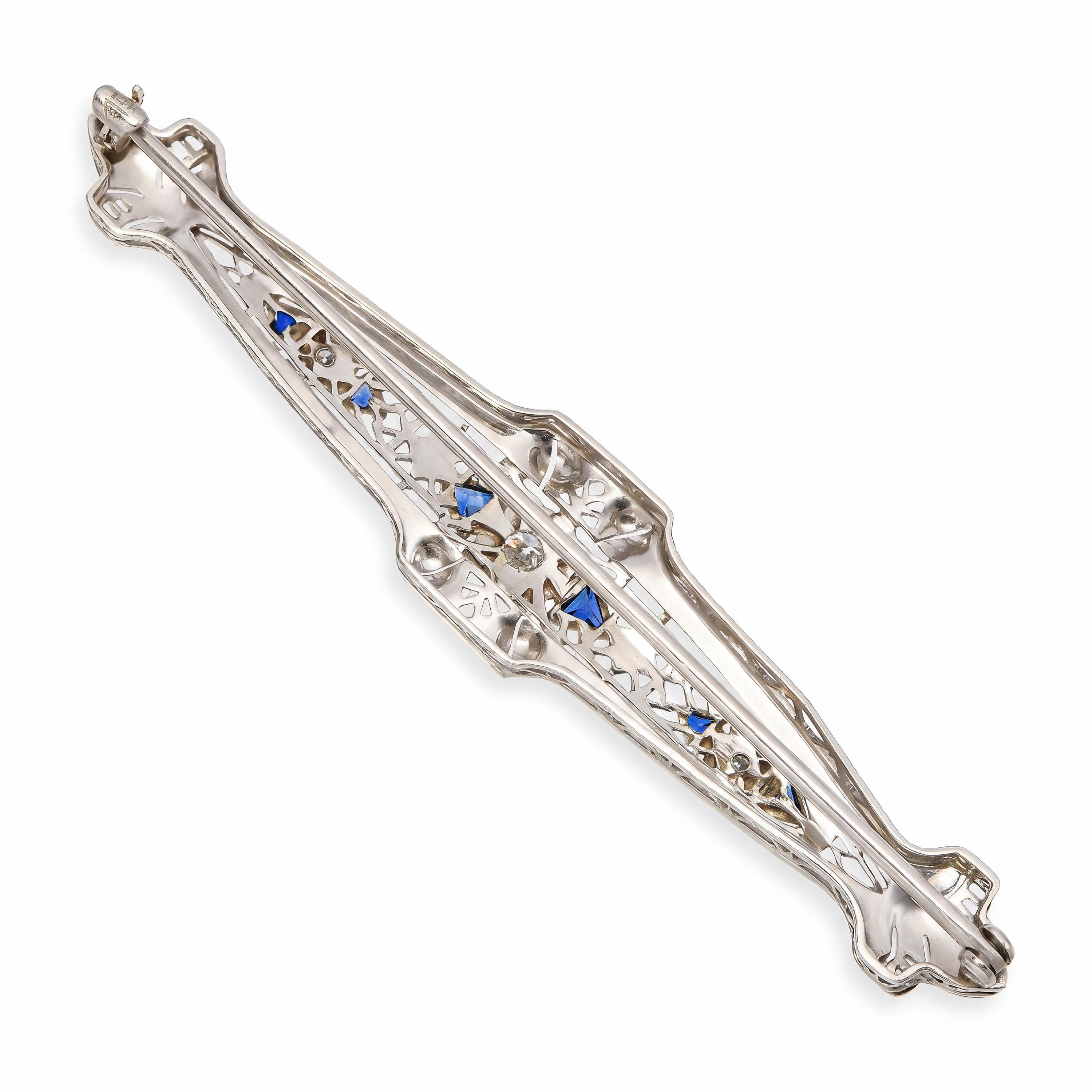 Art Deco 14k White Gold Diamond & Sapphire Brooch