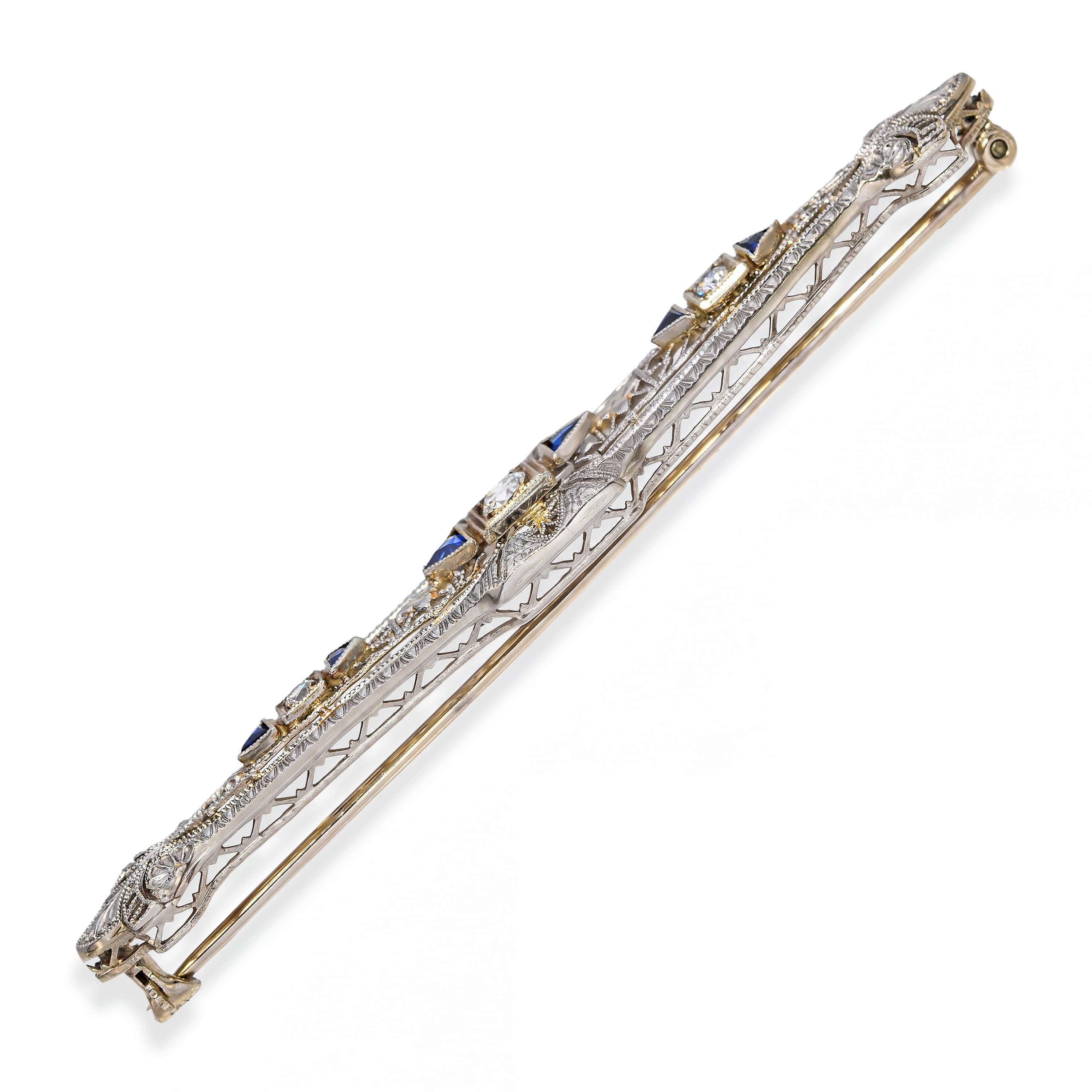 Art Deco 14k White Gold Diamond & Sapphire Brooch