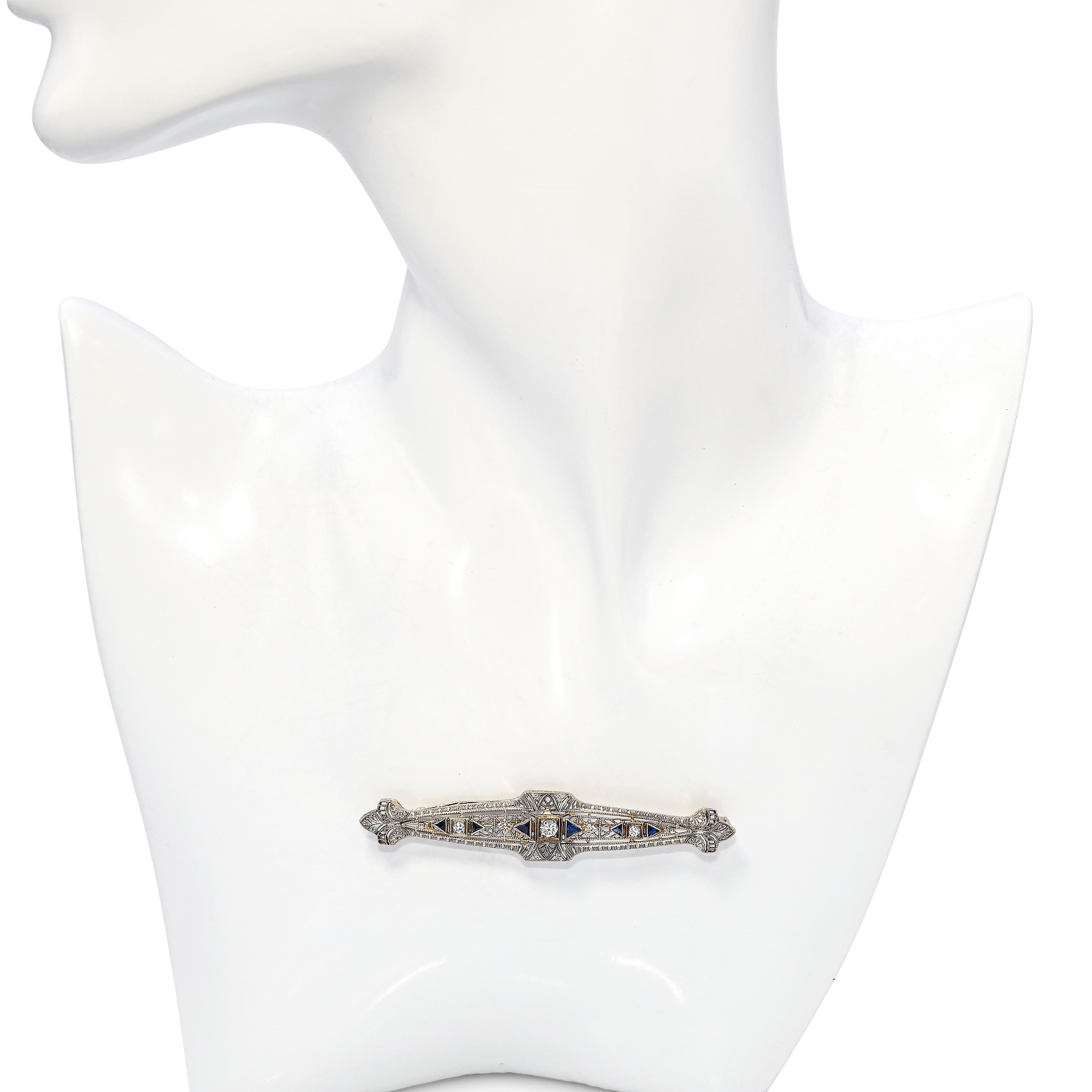 Art Deco 14k White Gold Diamond & Sapphire Brooch