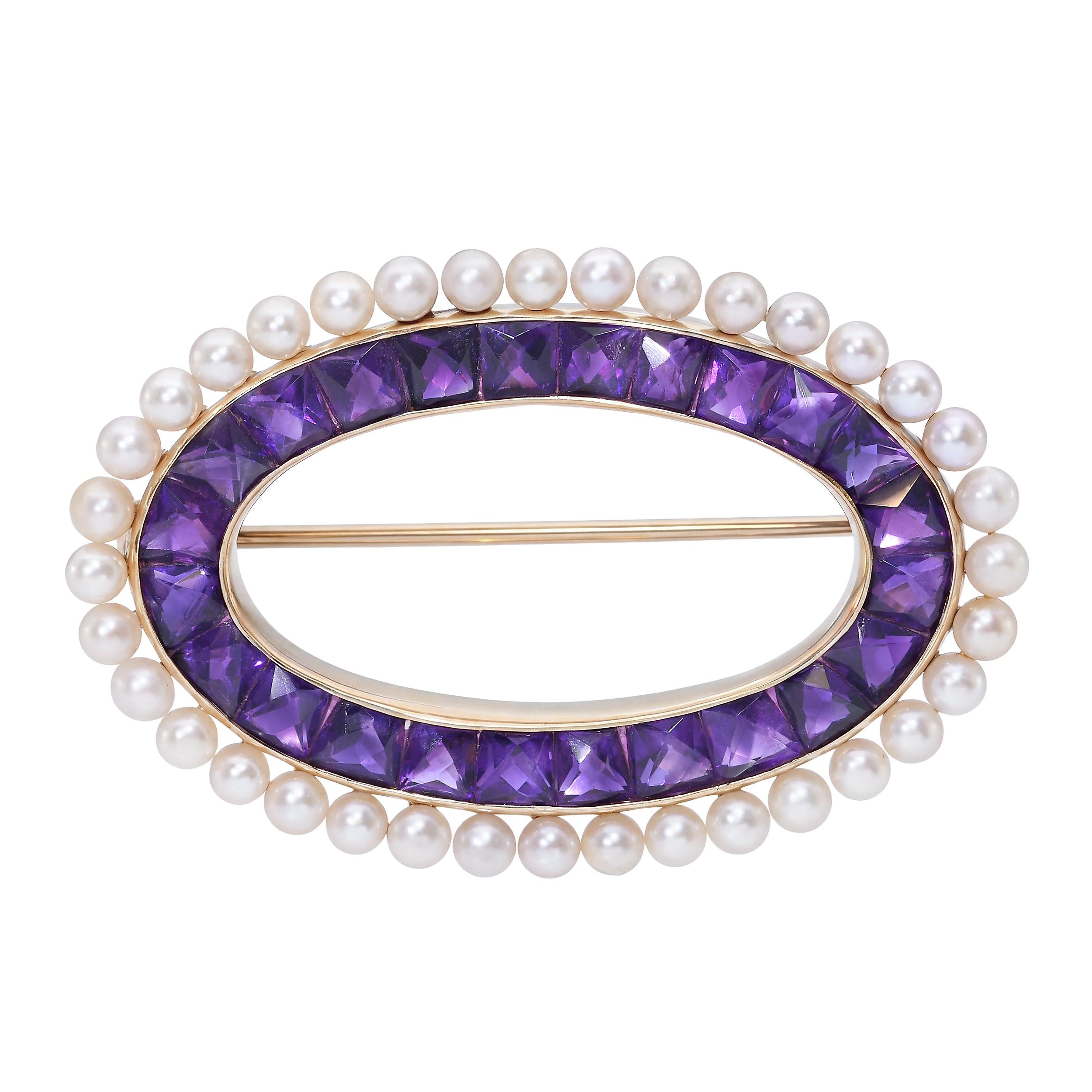 Vintage 14k Yellow Gold 2.42tcw Amethyst and Pearl Brooch