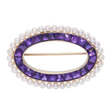 Vintage 14k Yellow Gold 2.42tcw Amethyst and Pearl Brooch