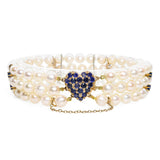 Vintage 14k Gold 2.5tcw Sapphire and Pearl Heart Clasp Triple Strand Bracelet