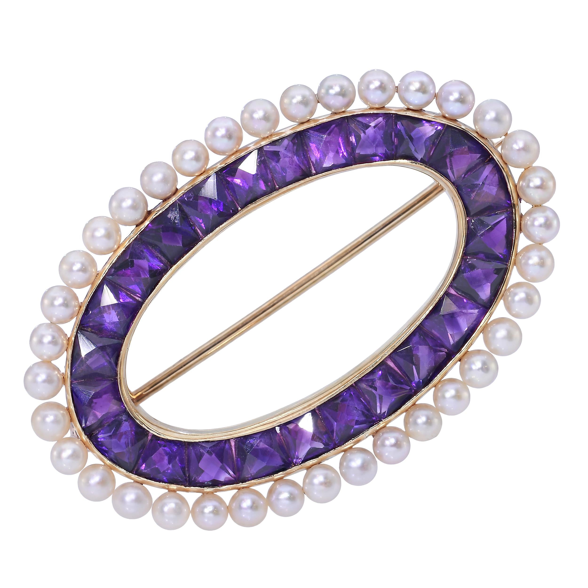 Vintage 14k Yellow Gold 2.42tcw Amethyst and Pearl Brooch