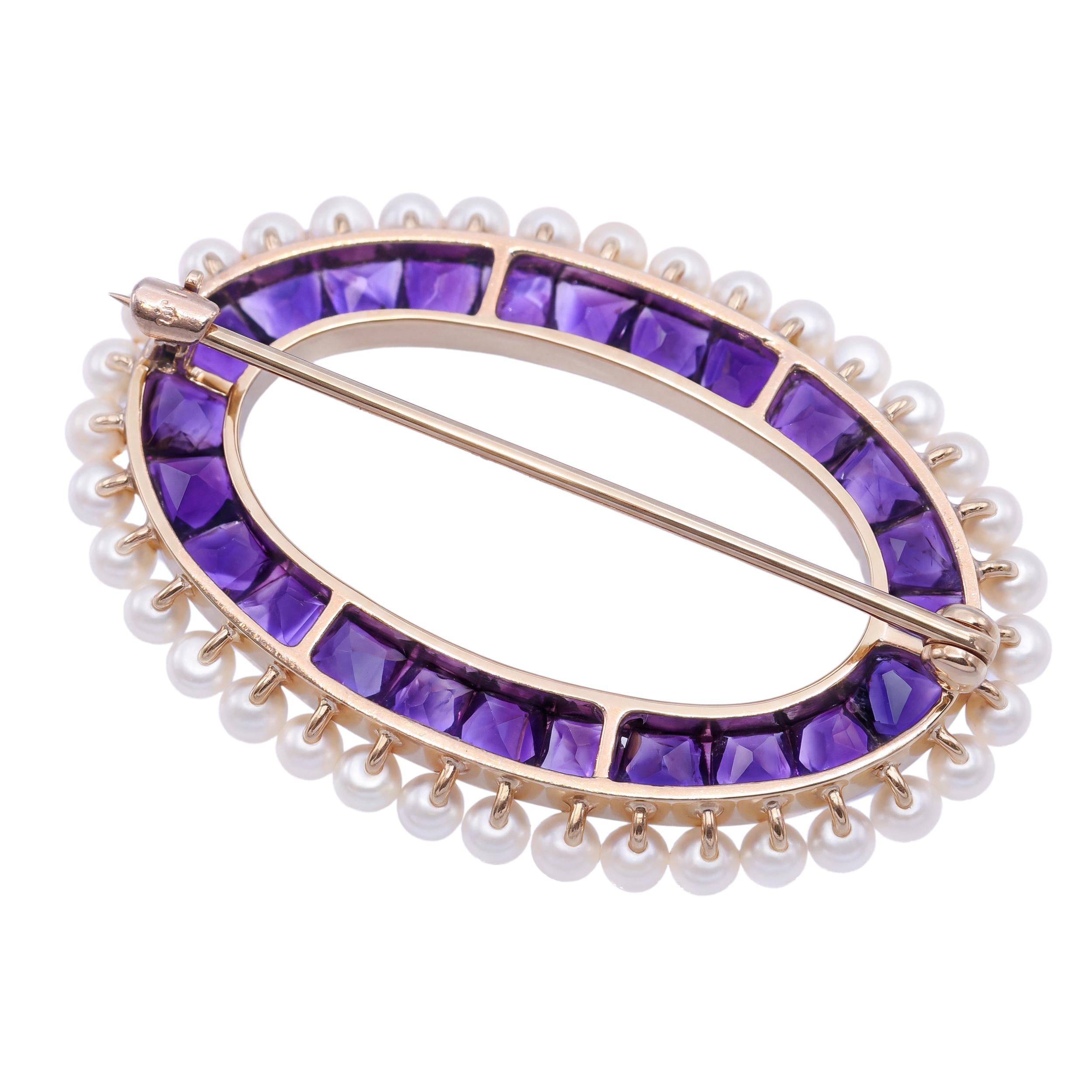 Vintage 14k Yellow Gold 2.42tcw Amethyst and Pearl Brooch