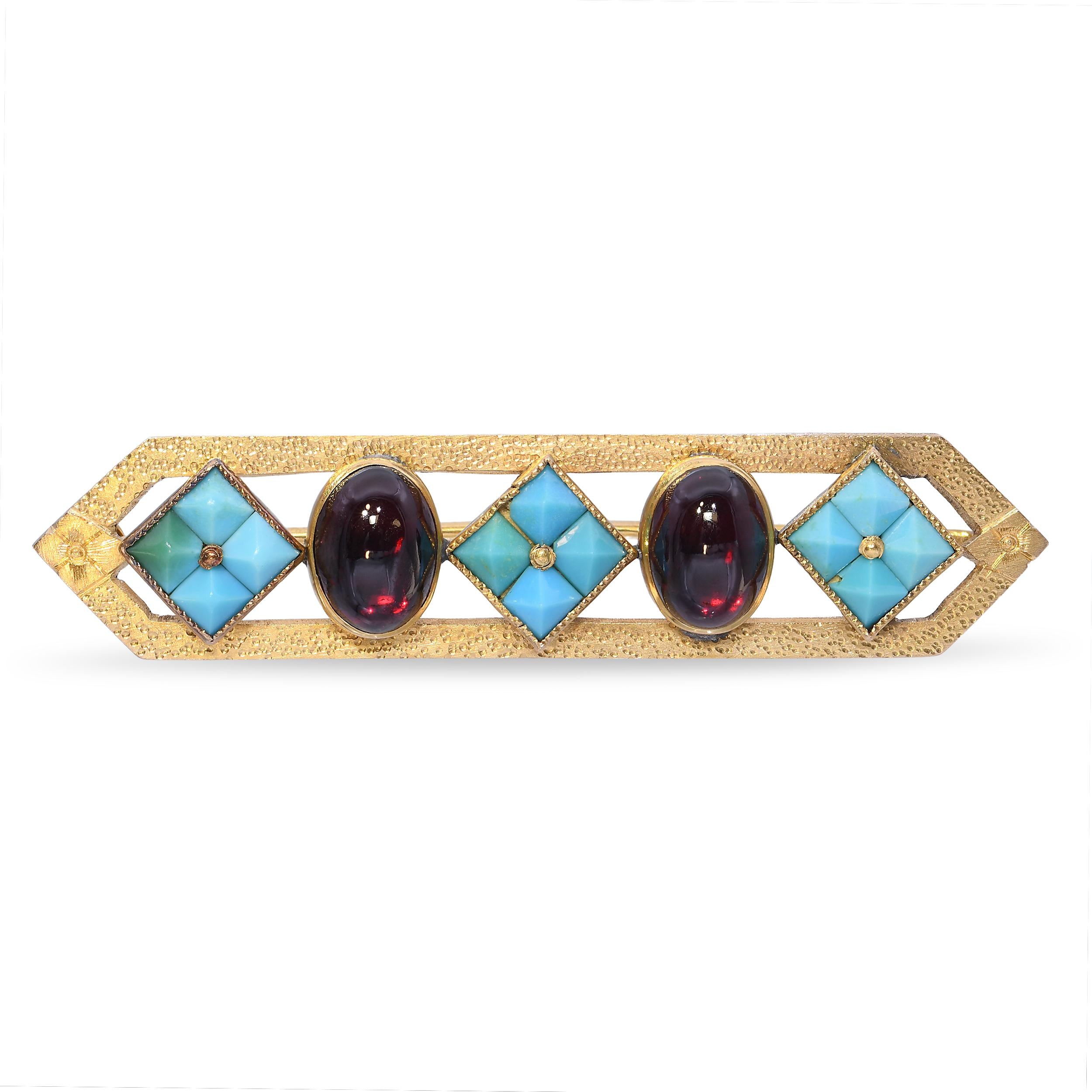Antique 14k Yellow Gold Faceted Turquoise and Almandine Garnet Bar Brooch