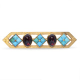 Antique 14k Yellow Gold Faceted Turquoise and Almandine Garnet Bar Brooch